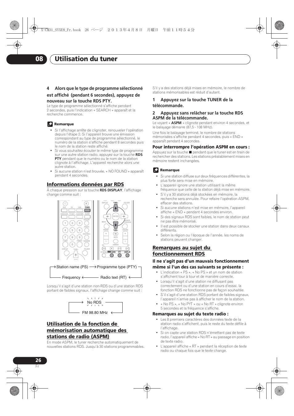 Informations données par rds, Des stations de radio (aspm), Remarques au sujet du fonctionnement rds | Utilisation du tuner 08, Pour interrompre l’opération aspm en cours, Remarques au sujet du texte radio | Pioneer X-CM31-W User Manual | Page 58 / 228