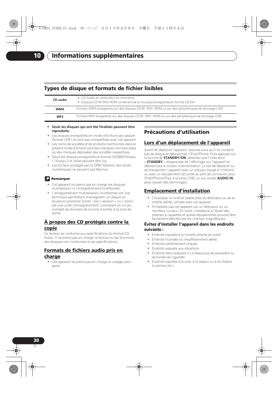 Types de disque et formats de fichier lisibles, À propos des cd protégés contre la copie, Formats de fichiers audio pris en charge | Précautions d’utilisation, Lors d’un déplacement de l’appareil, Emplacement d’installation, Informations supplémentaires 10 | Pioneer X-CM31-W User Manual | Page 62 / 228