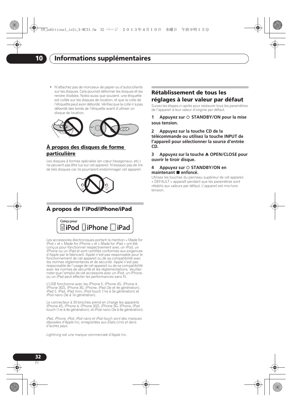 À propos des disques de forme particulière, À propos de l’ipod/iphone/ipad, Rétablissement de tous les réglages à leur valeur | Par défaut, Informations supplémentaires 10 | Pioneer X-CM31-W User Manual | Page 64 / 228