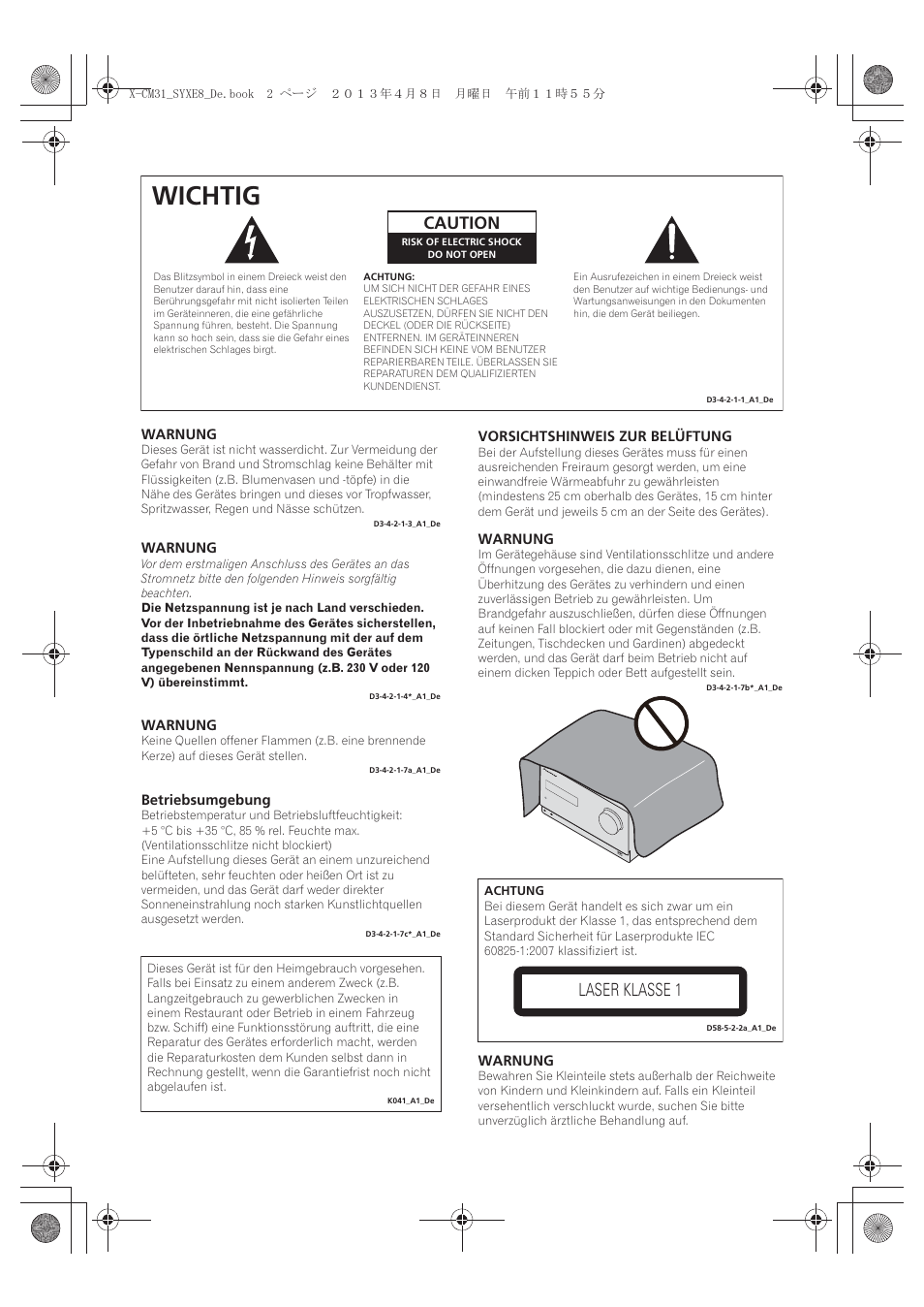 Wichtig, Laser klasse 1, Caution | Pioneer X-CM31-W User Manual | Page 66 / 228