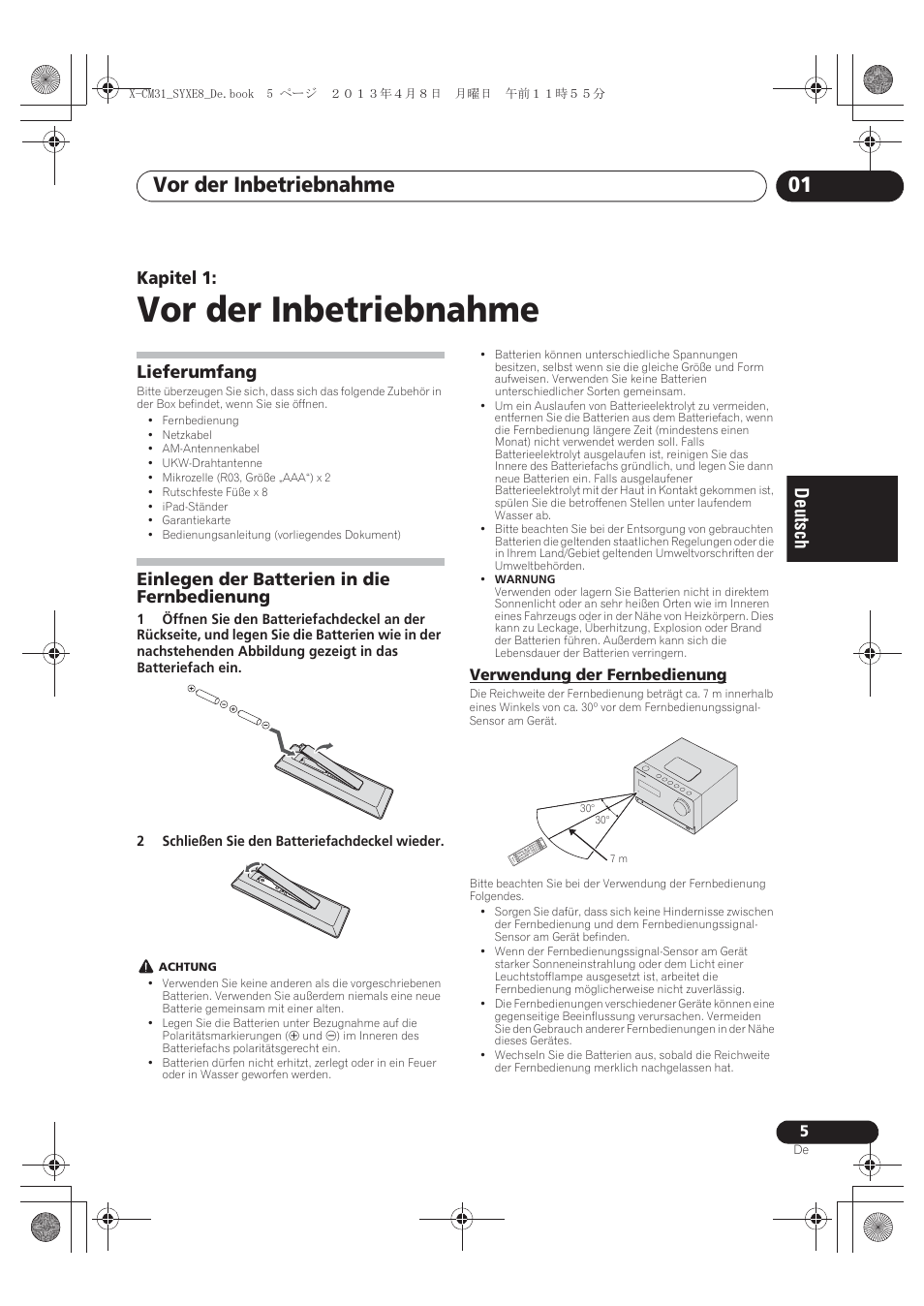 01 vor der inbetriebnahme, Lieferumfang, Einlegen der batterien in die fernbedienung | Verwendung der fernbedienung, Vor der inbetriebnahme, Vor der inbetriebnahme 01, Kapitel 1 | Pioneer X-CM31-W User Manual | Page 69 / 228