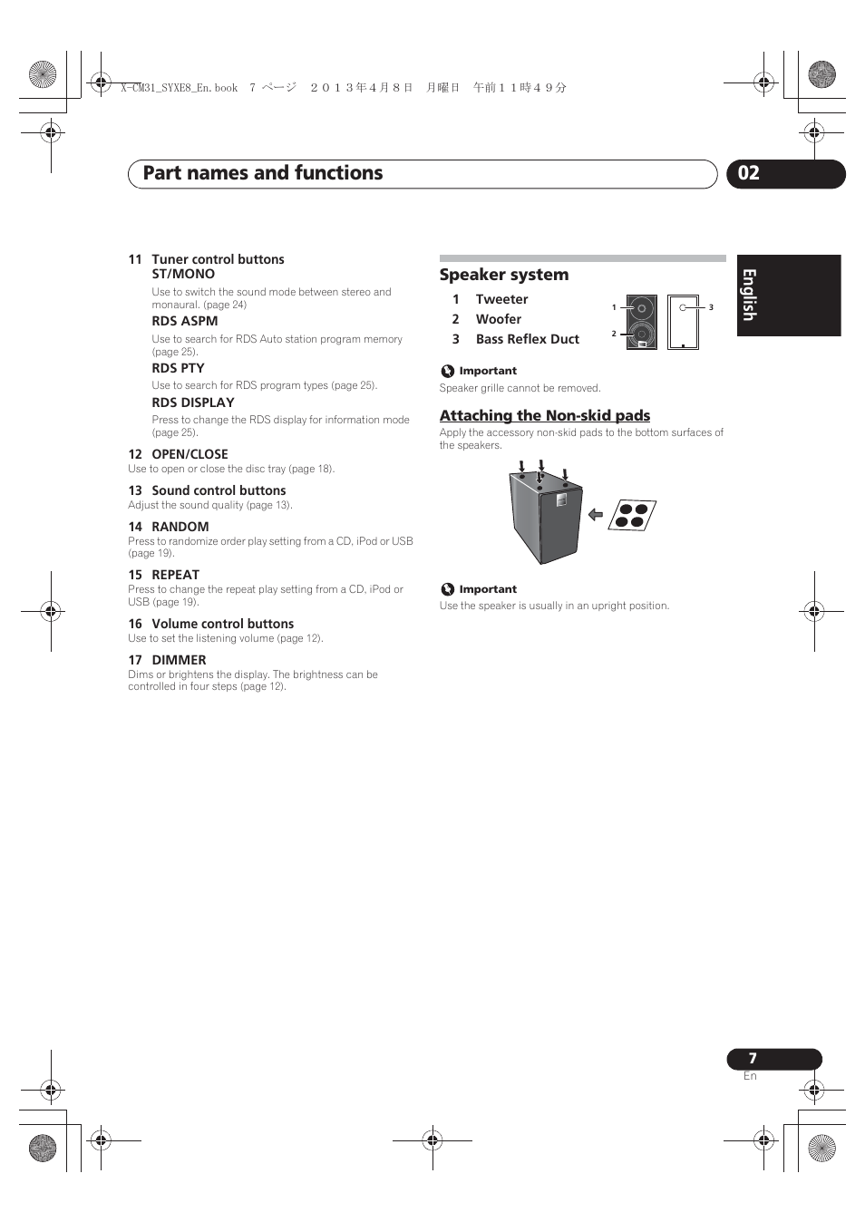 Speaker system, Attaching the non-skid pads, Part names and functions 02 | English français español | Pioneer X-CM31-W User Manual | Page 7 / 228