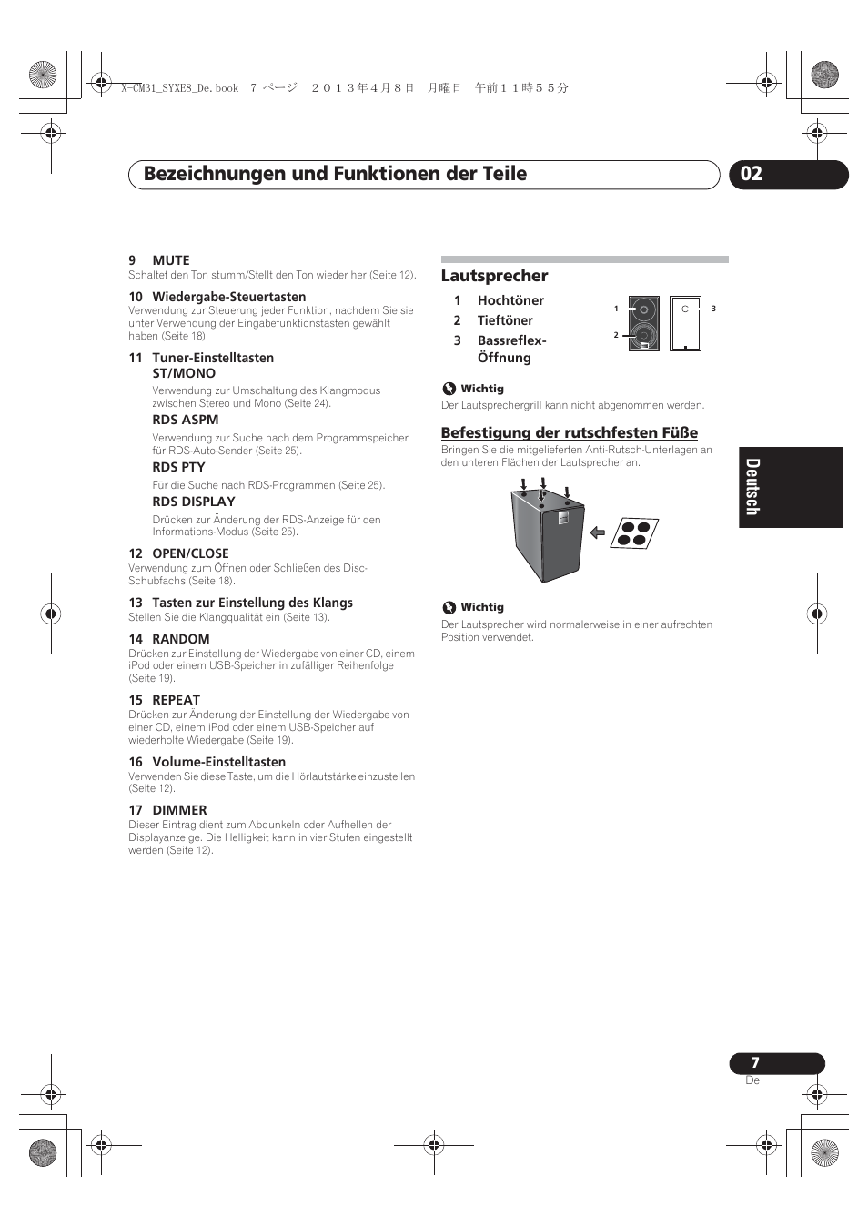 Lautsprecher, Befestigung der rutschfesten füße, Bezeichnungen und funktionen der teile 02 | Pioneer X-CM31-W User Manual | Page 71 / 228