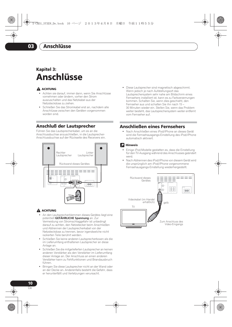 03 anschlüsse, Anschluß der lautsprecher, Anschließen eines fernsehers | Anschlüsse, Anschlüsse 03, Kapitel 3 | Pioneer X-CM31-W User Manual | Page 74 / 228