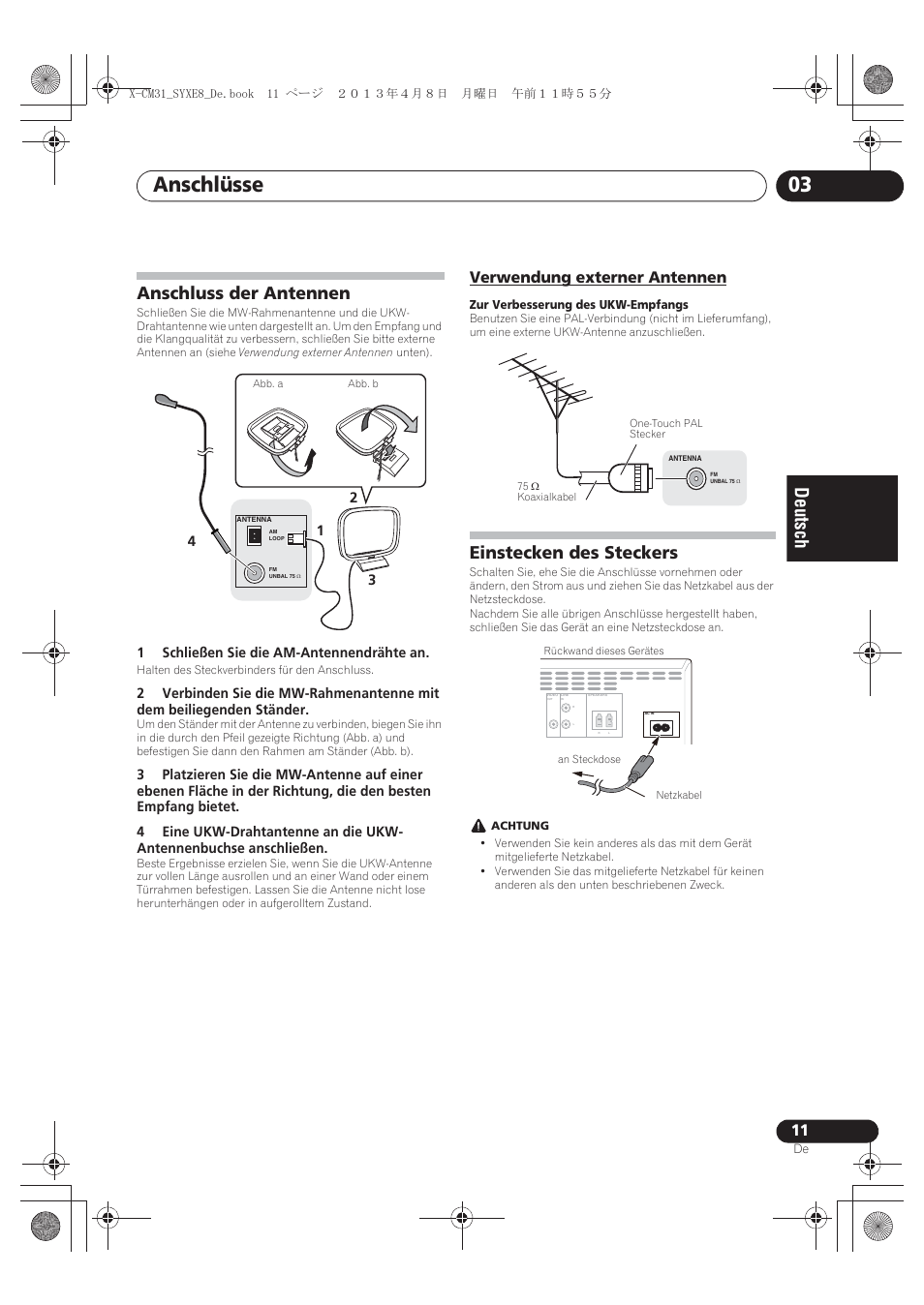 Anschluss der antennen, Verwendung externer antennen, Einstecken des steckers | Anschlüsse 03 | Pioneer X-CM31-W User Manual | Page 75 / 228