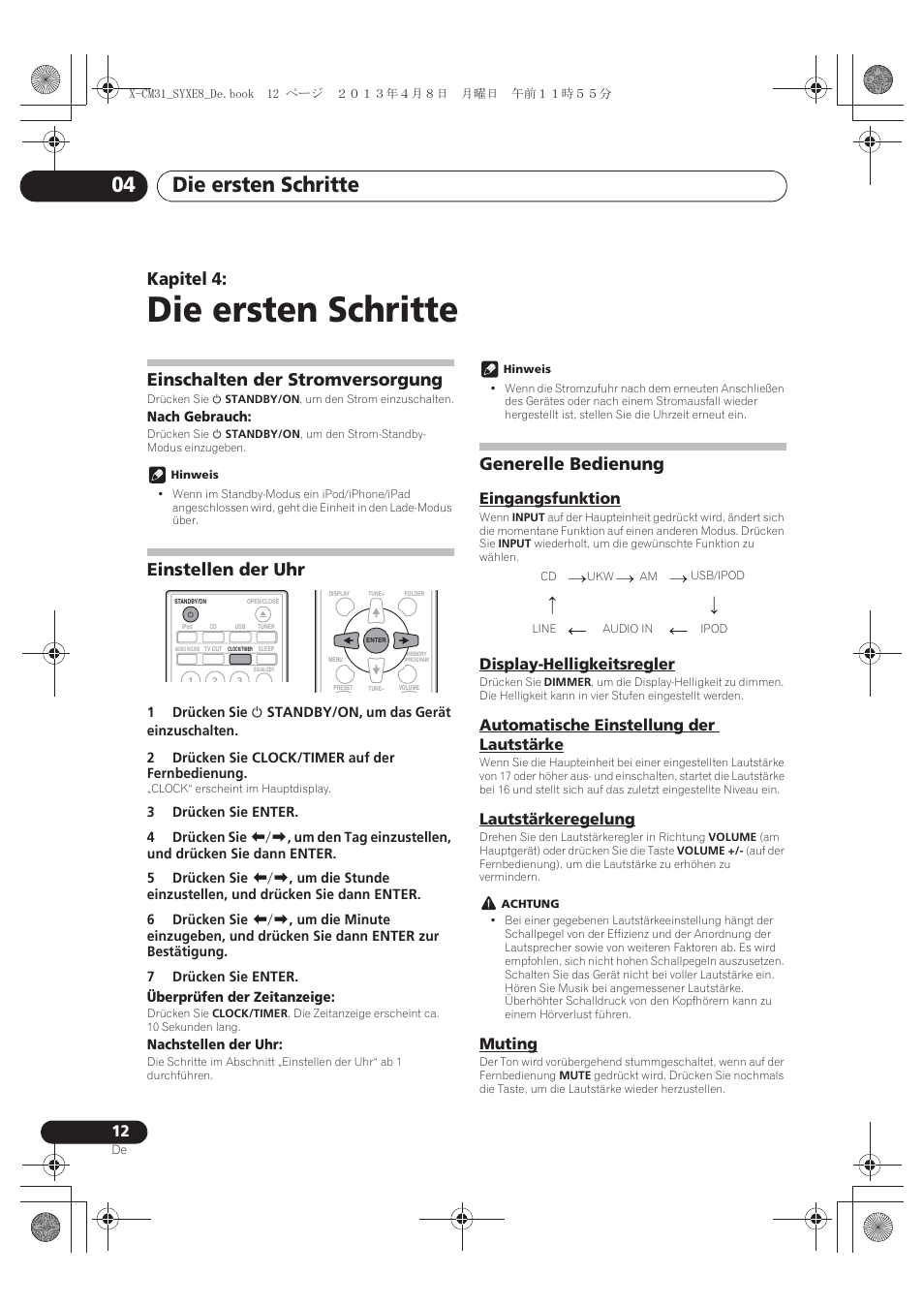 04 die ersten schritte, Einschalten der stromversorgung, Einstellen der uhr | Generelle bedienung, Eingangsfunktion, Display-helligkeitsregler, Automatische einstellung der lautstärke, Lautstärkeregelung, Muting, Die ersten schritte | Pioneer X-CM31-W User Manual | Page 76 / 228