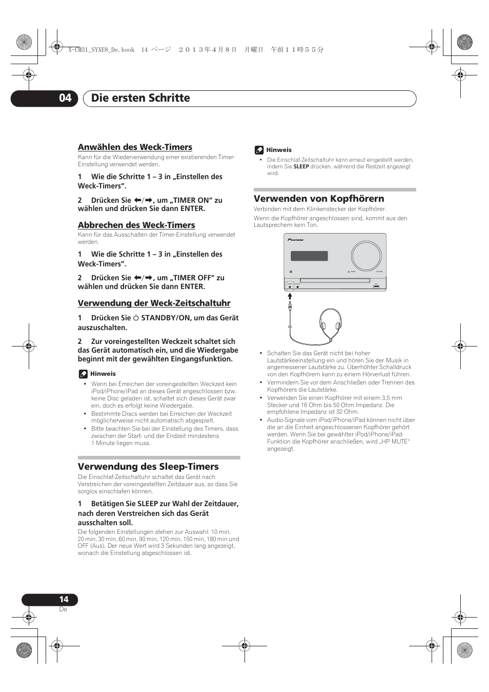 Anwählen des weck-timers, Abbrechen des weck-timers, Verwendung der weck-zeitschaltuhr | Verwendung des sleep-timers, Verwenden von kopfhörern, Die ersten schritte 04 | Pioneer X-CM31-W User Manual | Page 78 / 228