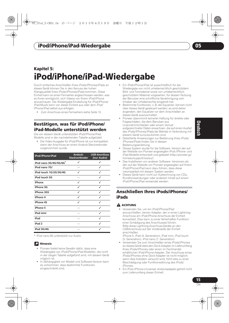 05 ipod/iphone/ipad-wiedergabe, Bestätigen, was für ipod/iphone/ipad-modelle, Unterstützt werden | Anschließen ihres ipods/iphones/ipads, Ipod/iphone/ipad-wiedergabe, Ipod/iphone/ipad-wiedergabe 05, Kapitel 5, Anschließen ihres ipods/iphones/ ipads | Pioneer X-CM31-W User Manual | Page 79 / 228
