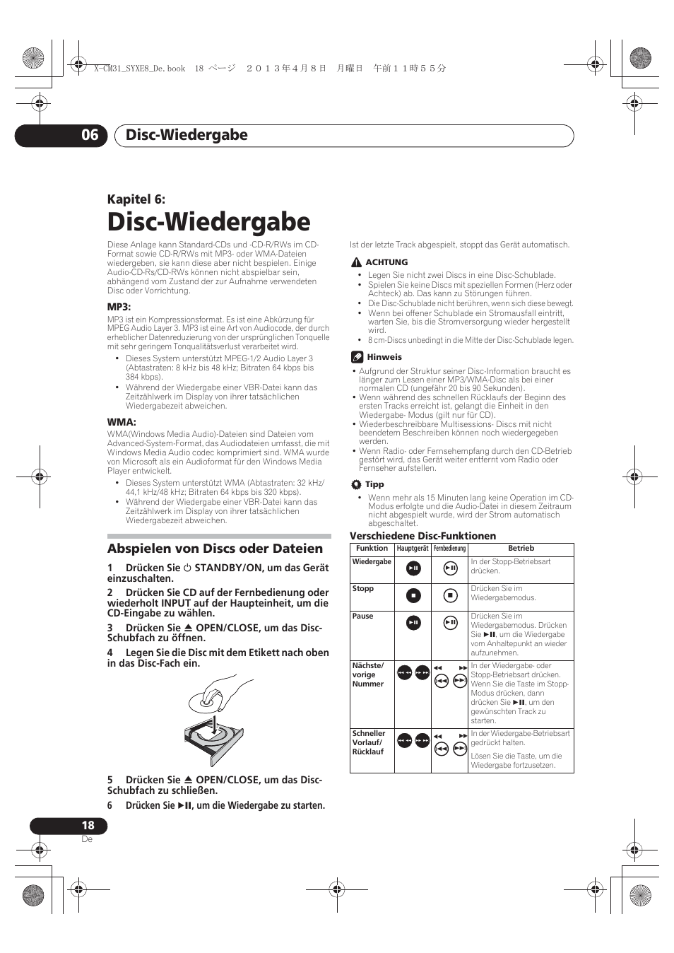 06 disc-wiedergabe, Abspielen von discs oder dateien, Disc-wiedergabe | Disc-wiedergabe 06, Kapitel 6 | Pioneer X-CM31-W User Manual | Page 82 / 228