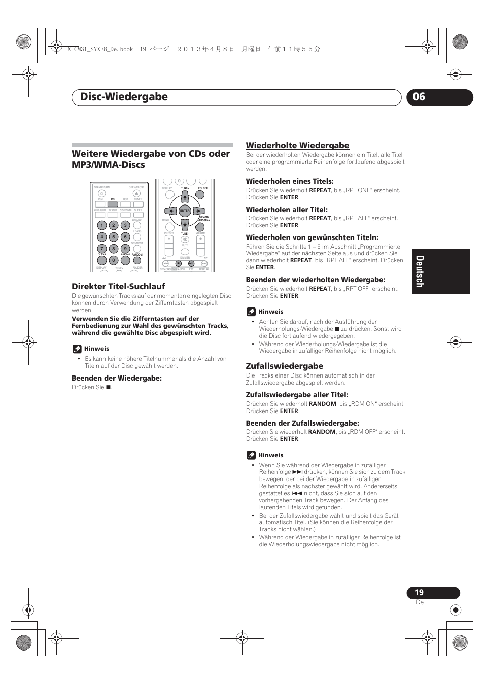 Weitere wiedergabe von cds oder mp3/wma, Discs, Direkter titel-suchlauf | Wiederholte wiedergabe, Zufallswiedergabe, Disc-wiedergabe 06, Weitere wiedergabe von cds oder mp3/wma-discs, Beenden der wiedergabe, Wiederholen eines titels, Wiederholen aller titel | Pioneer X-CM31-W User Manual | Page 83 / 228