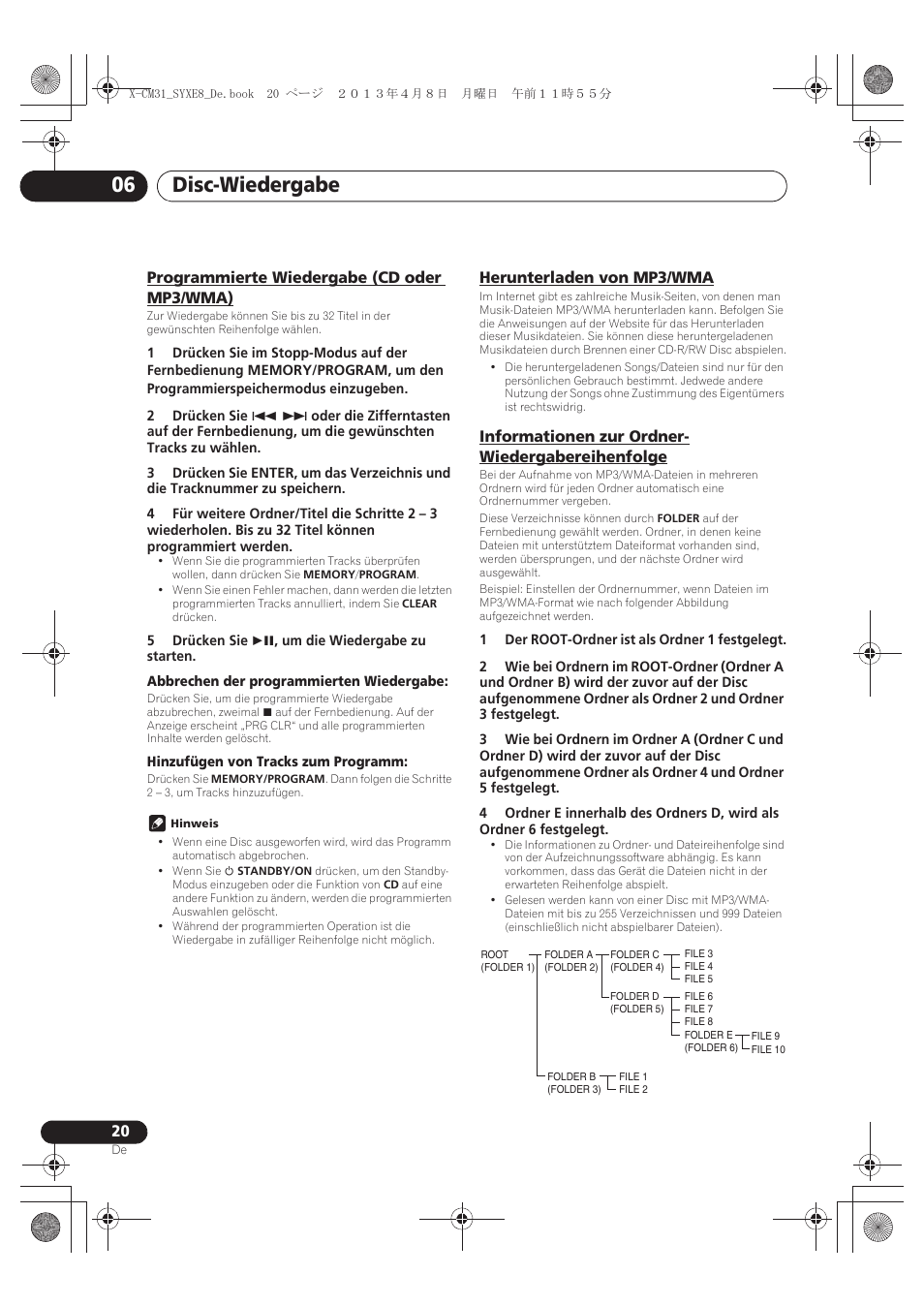 Programmierte wiedergabe (cd oder mp3/wma), Herunterladen von mp3/wma, Informationen zur ordner-wiedergabereihenfolge | Disc-wiedergabe 06, Informationen zur ordner- wiedergabereihenfolge | Pioneer X-CM31-W User Manual | Page 84 / 228