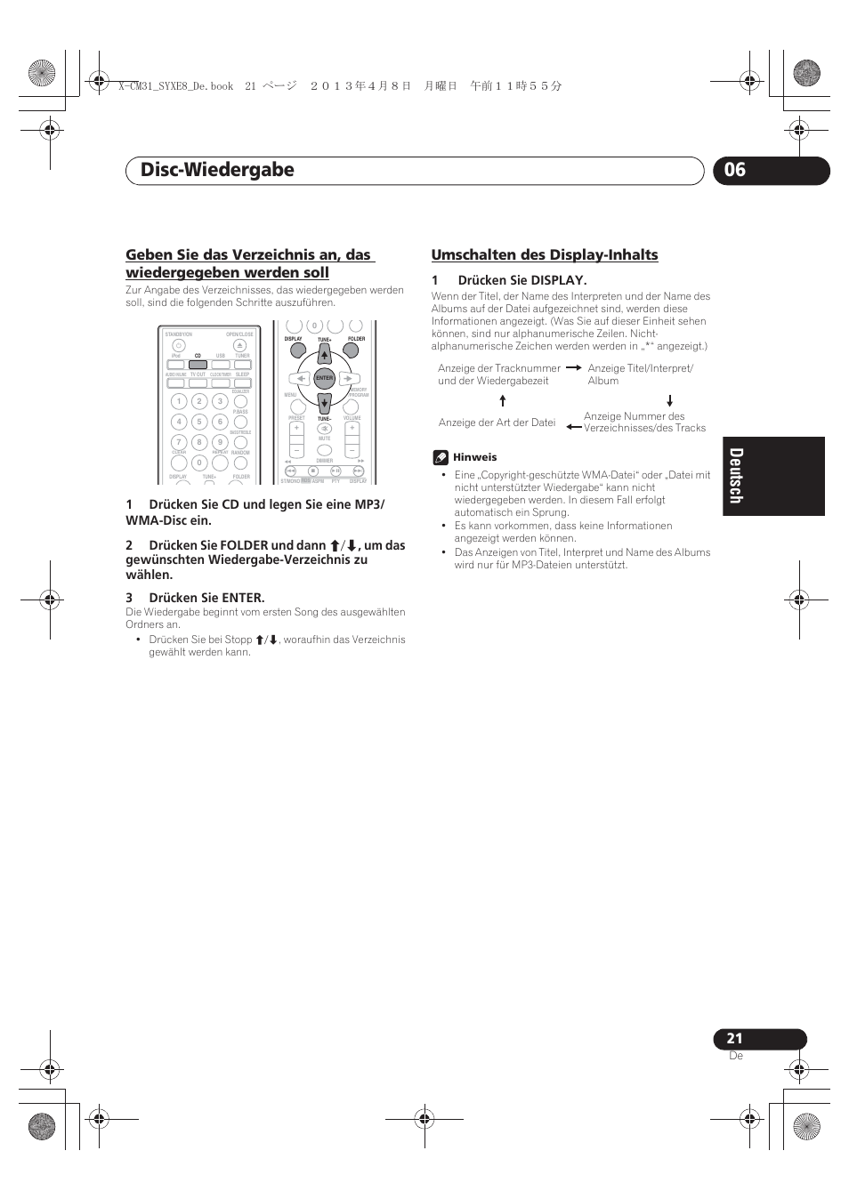 Geben sie das verzeichnis an, das wiedergegeben, Werden soll, Umschalten des display-inhalts | Disc-wiedergabe 06, 1drücken sie display | Pioneer X-CM31-W User Manual | Page 85 / 228