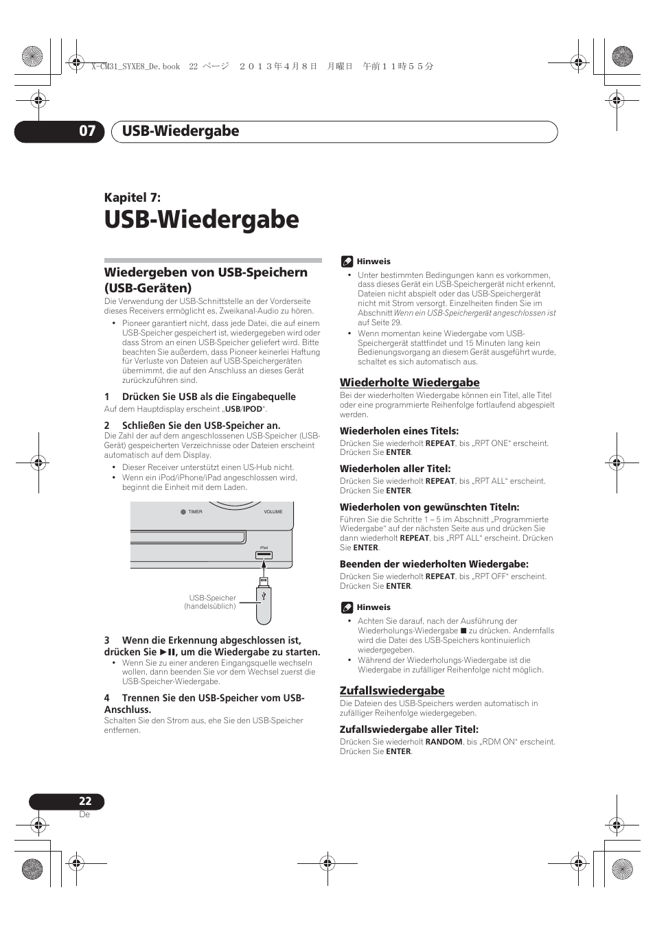07 usb-wiedergabe, Wiedergeben von usb-speichern (usb-geräten), Wiederholte wiedergabe | Zufallswiedergabe, Usb-wiedergabe, Usb-wiedergabe 07, Kapitel 7 | Pioneer X-CM31-W User Manual | Page 86 / 228