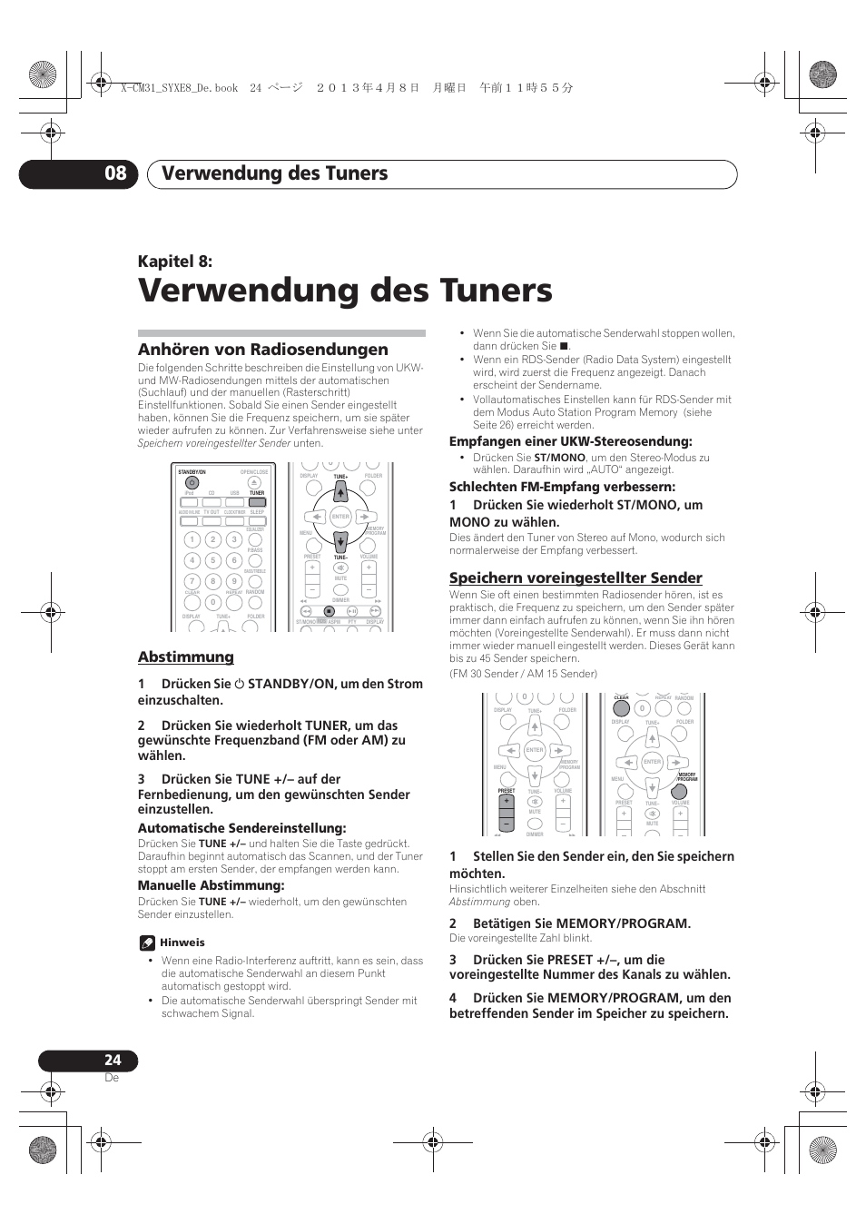 08 verwendung des tuners, Anhören von radiosendungen, Abstimmung | Speichern voreingestellter sender, Verwendung des tuners, Verwendung des tuners 08, Kapitel 8, Manuelle abstimmung, Empfangen einer ukw-stereosendung | Pioneer X-CM31-W User Manual | Page 88 / 228