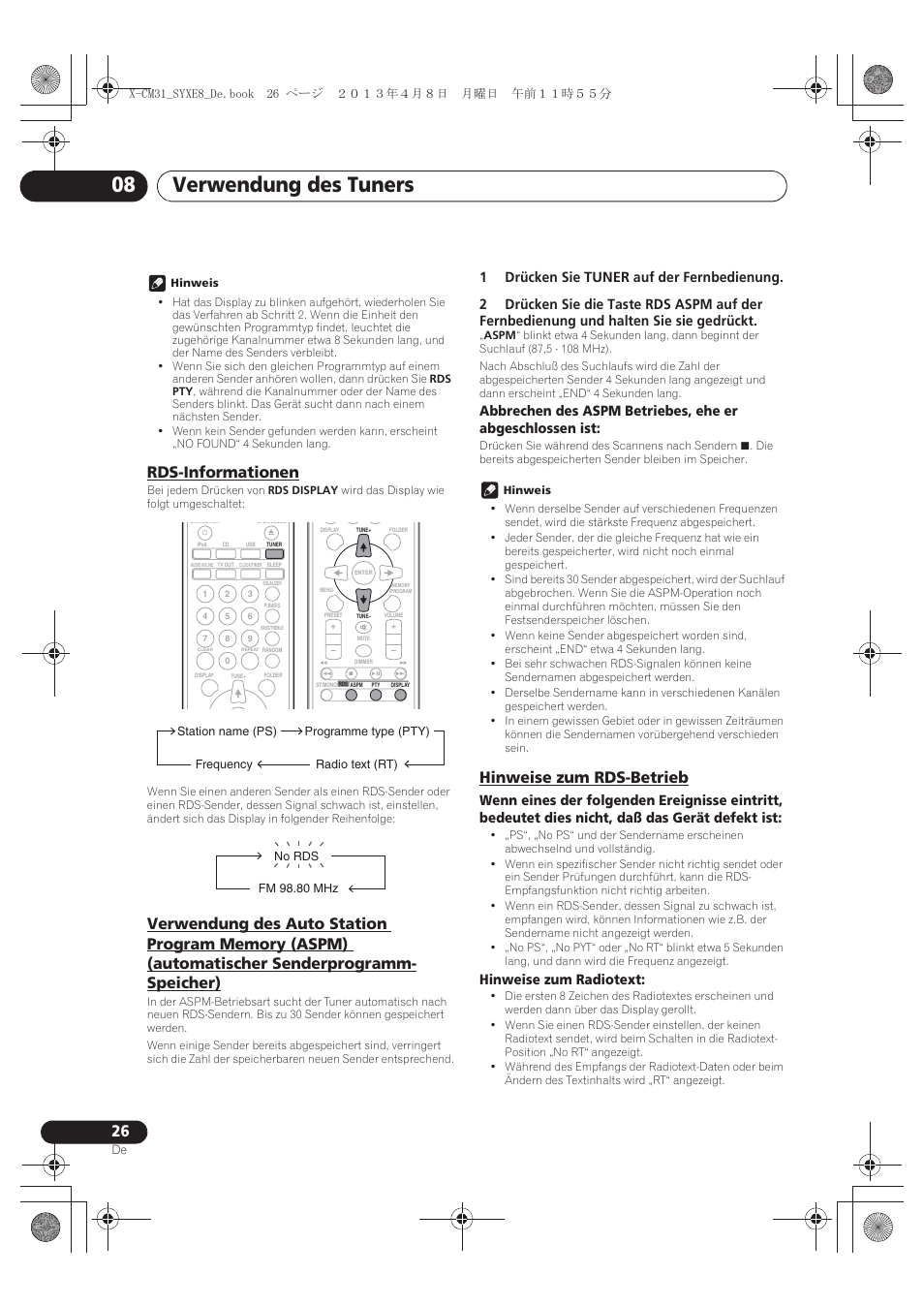 Rds-informationen, Verwendung des auto station program memory (aspm), Automatischer senderprogramm-speicher) | Hinweise zum rds-betrieb, Verwendung des tuners 08, Hinweise zum radiotext | Pioneer X-CM31-W User Manual | Page 90 / 228