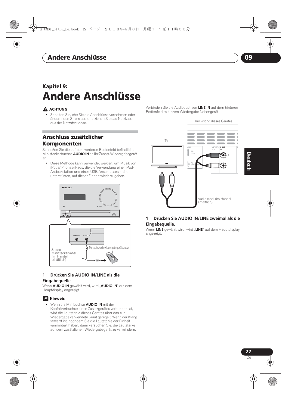 09 andere anschlüsse, Anschluss zusätzlicher komponenten, Andere anschlüsse | Andere anschlüsse 09, Kapitel 9 | Pioneer X-CM31-W User Manual | Page 91 / 228