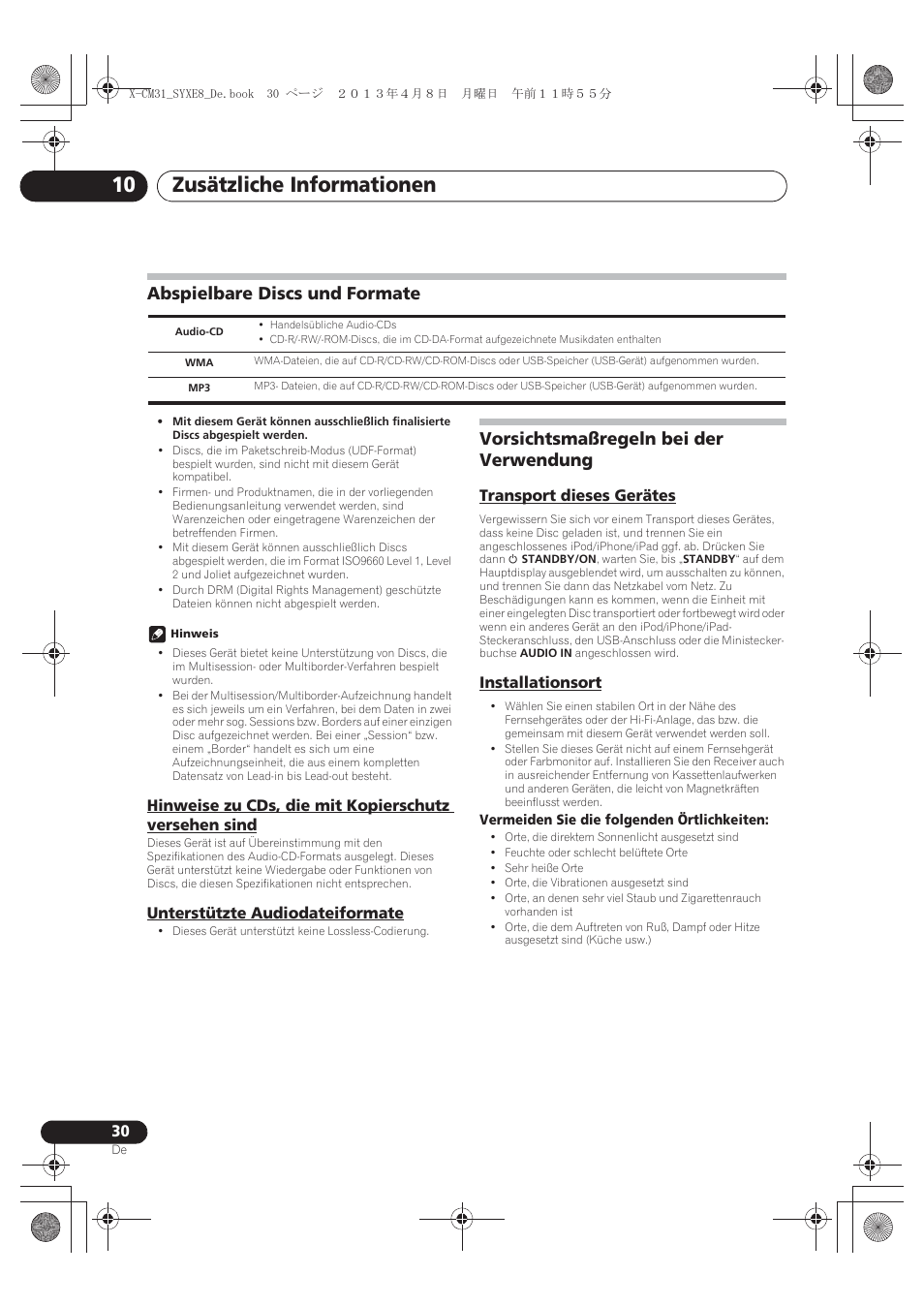 Abspielbare discs und formate, Hinweise zu cds, die mit kopierschutz versehen, Sind | Unterstützte audiodateiformate, Vorsichtsmaßregeln bei der verwendung, Transport dieses gerätes, Installationsort, Zusätzliche informationen 10 | Pioneer X-CM31-W User Manual | Page 94 / 228