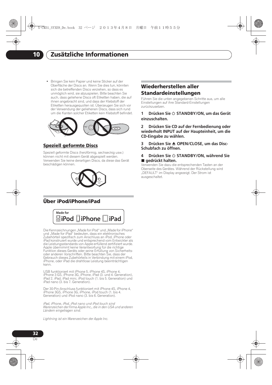Speziell geformte discs, Über ipod/iphone/ipad, Wiederherstellen aller standardeinstellungen | Zusätzliche informationen 10 | Pioneer X-CM31-W User Manual | Page 96 / 228
