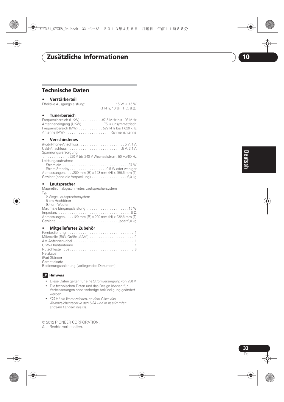 Technische daten, Zusätzliche informationen 10 | Pioneer X-CM31-W User Manual | Page 97 / 228