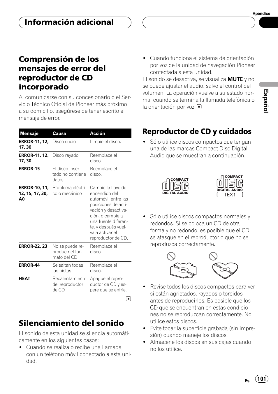 Información adicional, Comprensión de los mensajes de error del, Reproductor de cd incorporado 101 | Silenciamiento del sonido 101, Reproductor de cd y cuidados 101, Comprensión de los men, Sajes de error del reproductor de cd incorpora, Silenciamiento del sonido, Reproductor de cd y cuidados, Español | Pioneer DEH-P5800MP User Manual | Page 101 / 110