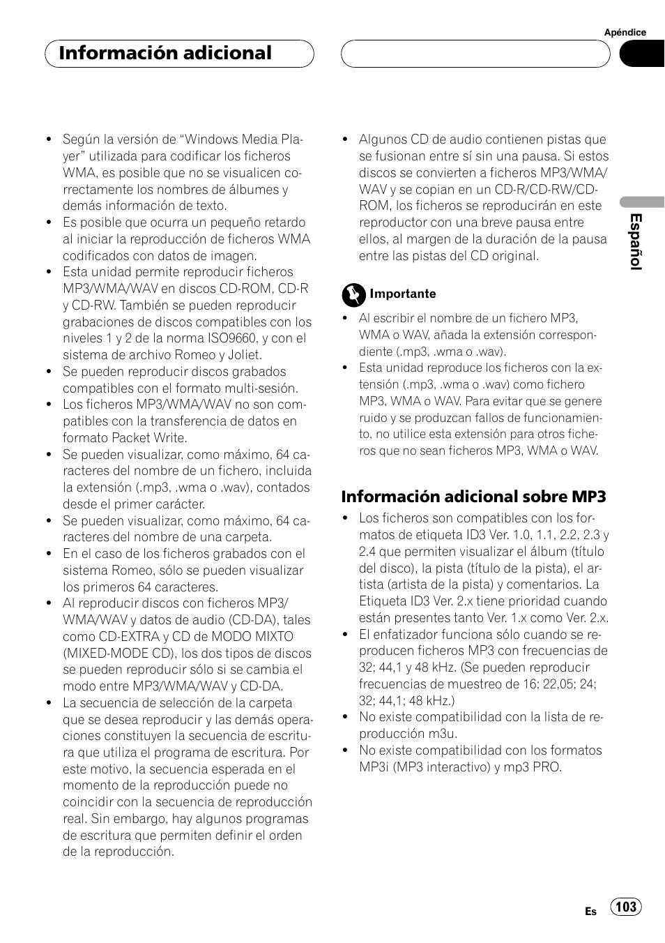 Información adicional sobre, Mp3 103, Información adicional | Información adicional sobre mp3 | Pioneer DEH-P5800MP User Manual | Page 103 / 110