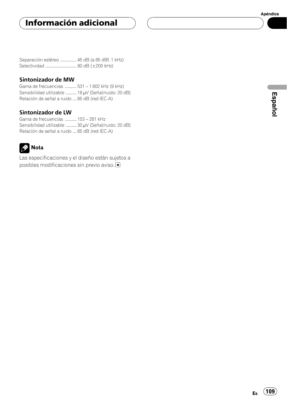 Información adicional, Español | Pioneer DEH-P5800MP User Manual | Page 109 / 110