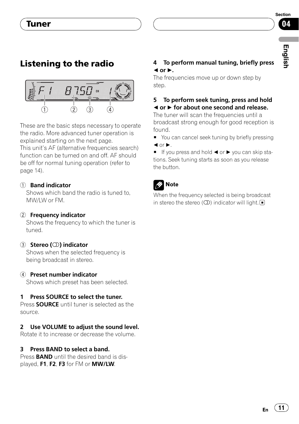 Tuner, Listening to the radio 11, Listening to the radio | Pioneer DEH-P5800MP User Manual | Page 11 / 110