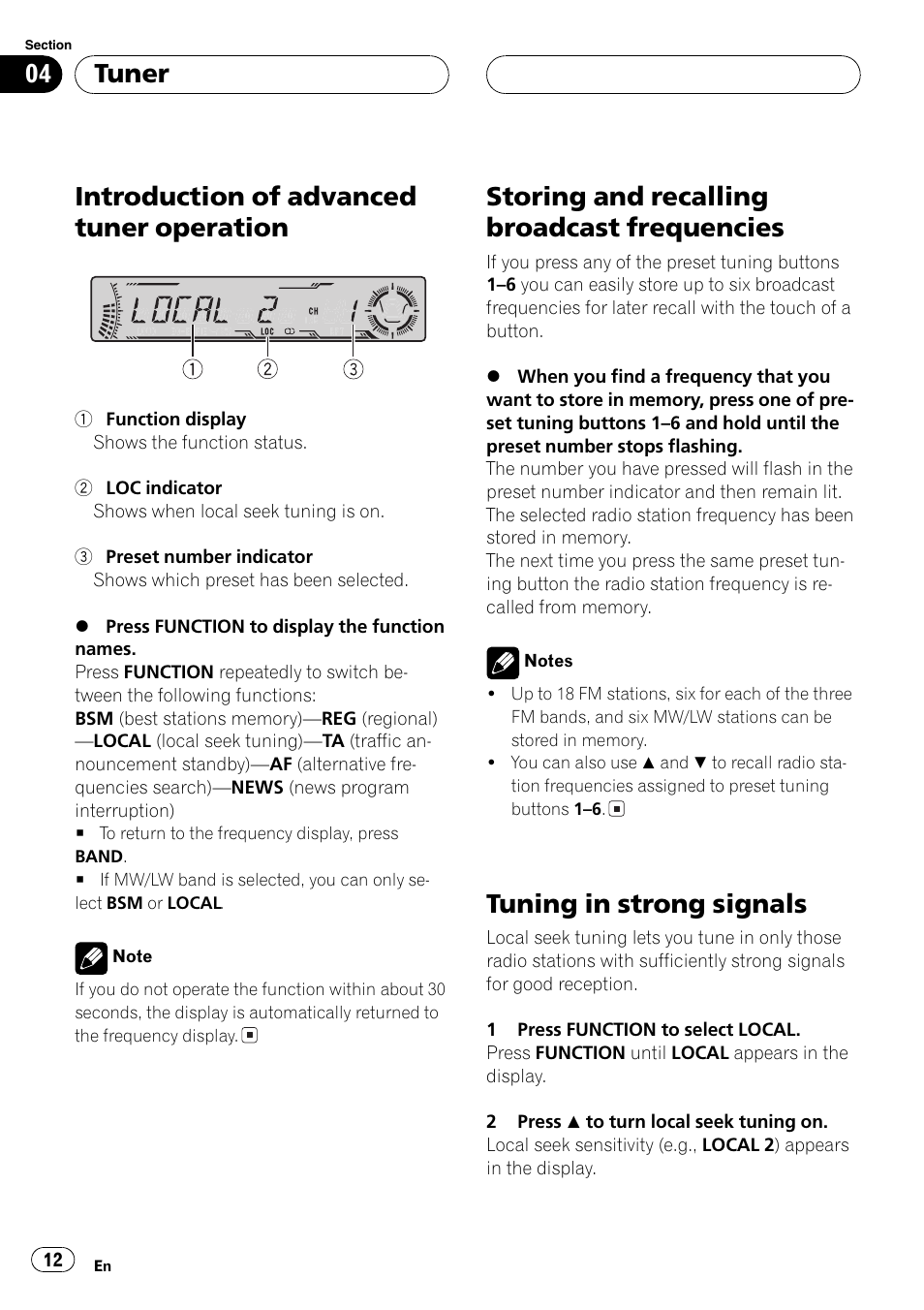 Introduction of advanced tuner, Operation 12, Storing and recalling broadcast | Frequencies 12, Tuning in strong signals 12, Introduction of advanced tuner operation, Storing and recalling broadcast frequencies, Tuning in strong signals, Tuner | Pioneer DEH-P5800MP User Manual | Page 12 / 110
