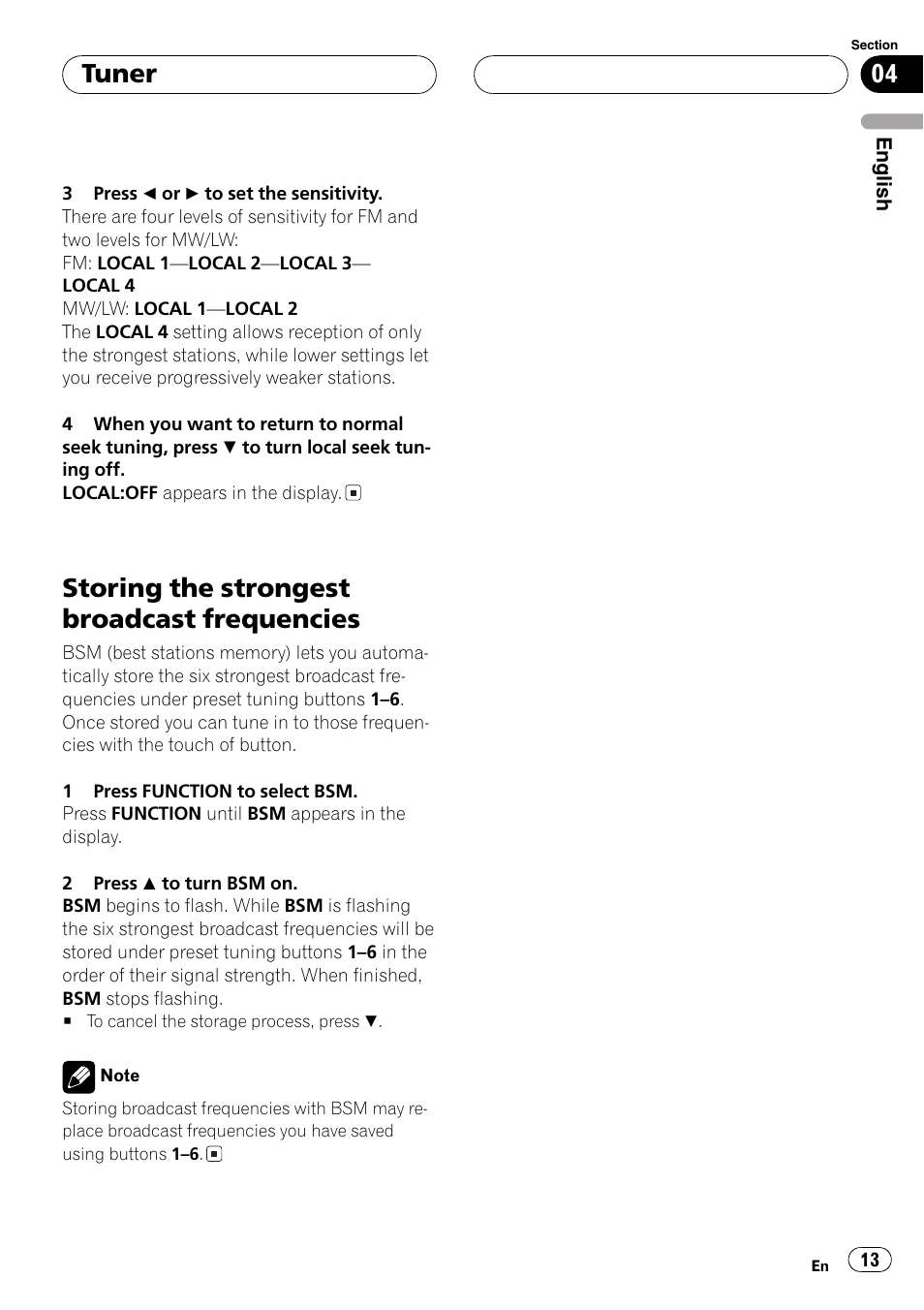 Storing the strongest broadcast, Frequencies 13, Storing the strongest broadcast frequencies | Tuner | Pioneer DEH-P5800MP User Manual | Page 13 / 110