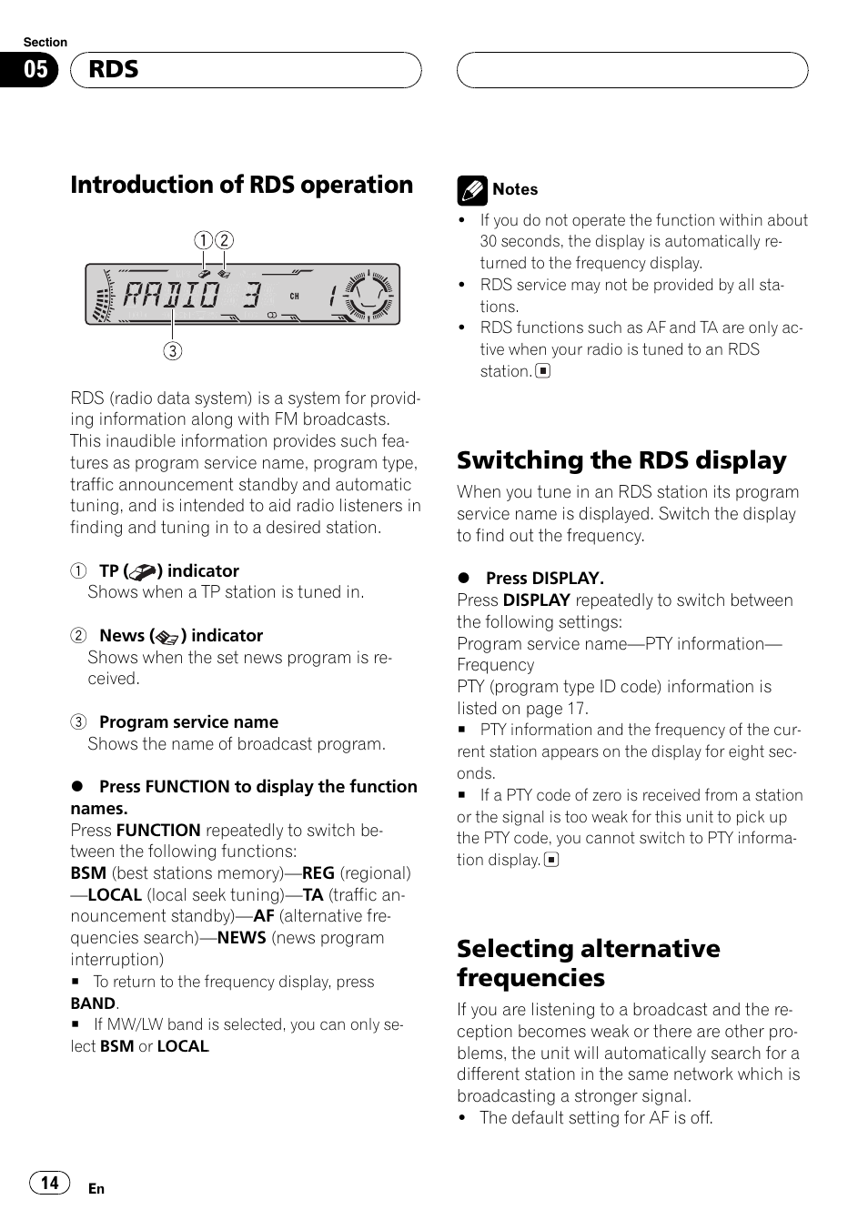Introduction of rds operation 14, Switching the rds display 14, Selecting alternative frequencies 14 | Introduction of rds operation, Switching the rds display, Selecting alternative frequencies | Pioneer DEH-P5800MP User Manual | Page 14 / 110