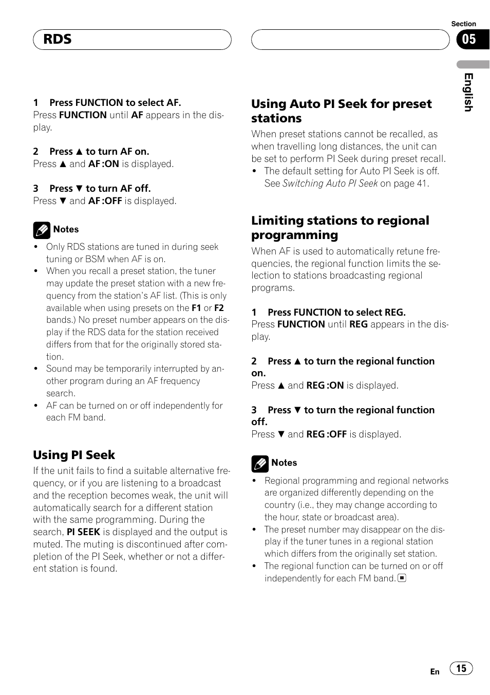 Using pi seek 15, Using auto pi seek for preset, Stations 15 | Limiting stations to regional, Programming 15, Using pi seek, Using auto pi seek for preset stations, Limiting stations to regional programming | Pioneer DEH-P5800MP User Manual | Page 15 / 110