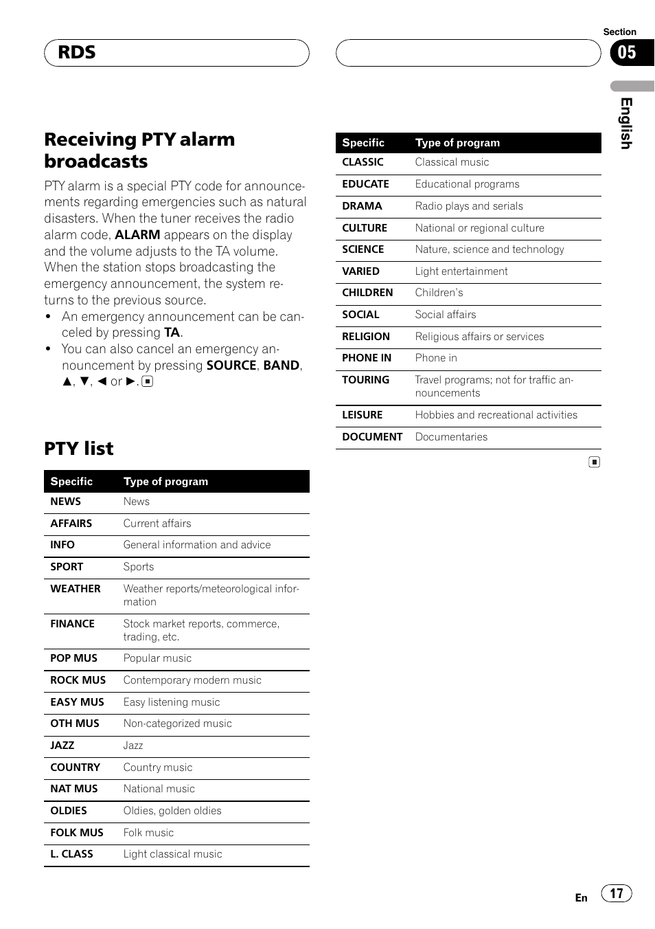 Receiving pty alarm broadcasts 17, Pty list 17, Receiving pty alarm broadcasts | Pty list, English | Pioneer DEH-P5800MP User Manual | Page 17 / 110