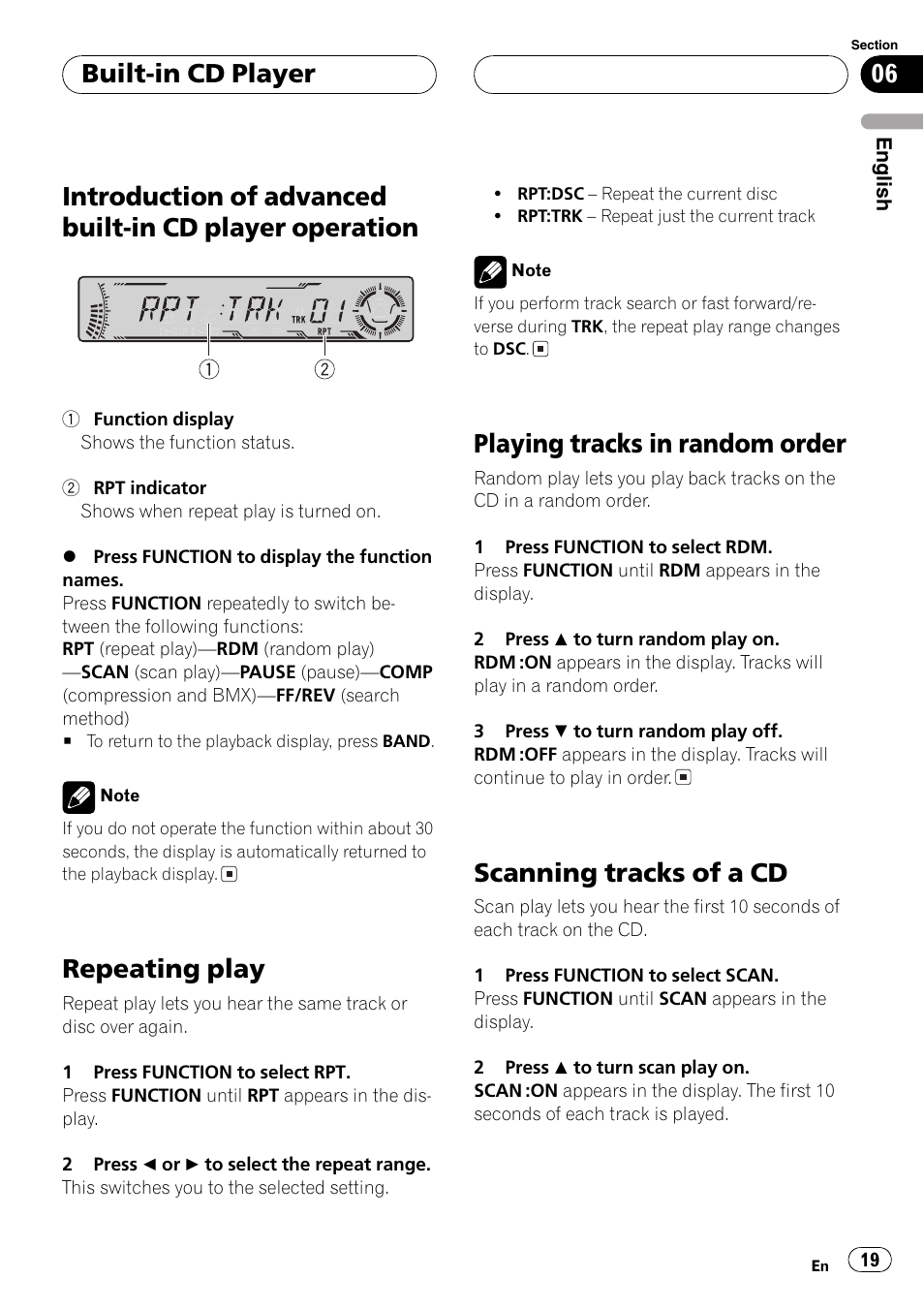 Introduction of advanced built-in cd player, Operation 19, Repeating play 19 | Playing tracks in random order 19, Scanning tracks of a cd 19, Repeating play, Playing tracks in random order, Scanning tracks of a cd, Built-in cd player | Pioneer DEH-P5800MP User Manual | Page 19 / 110