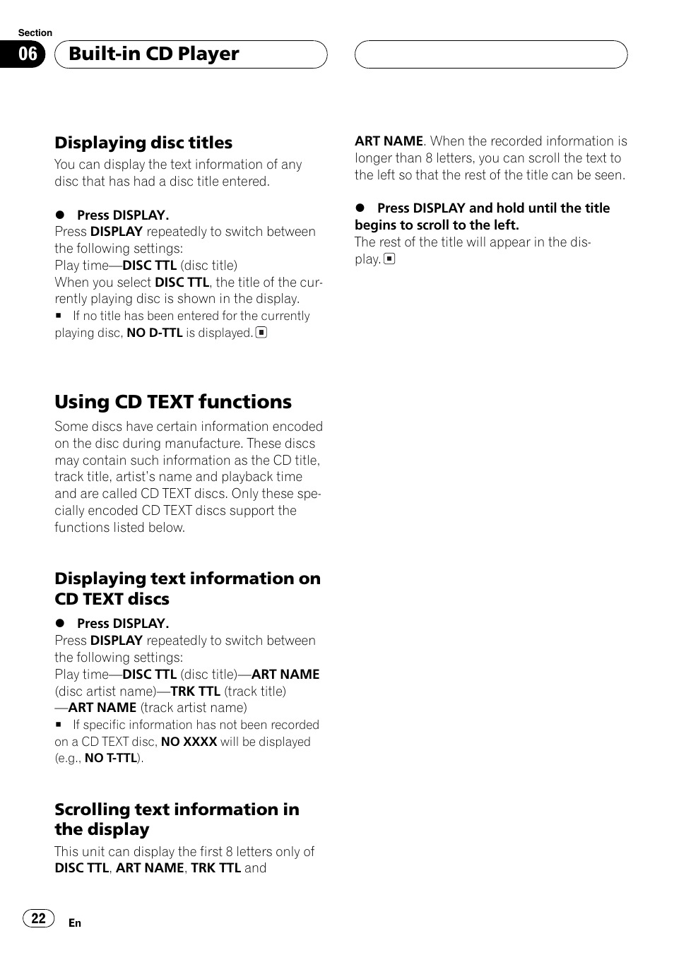 Displaying disc titles 22, Using cd text functions 22, Displaying text information on cd | Text discs 22, Scrolling text information in the, Display 22, Using cd text functions, Built-in cd player | Pioneer DEH-P5800MP User Manual | Page 22 / 110
