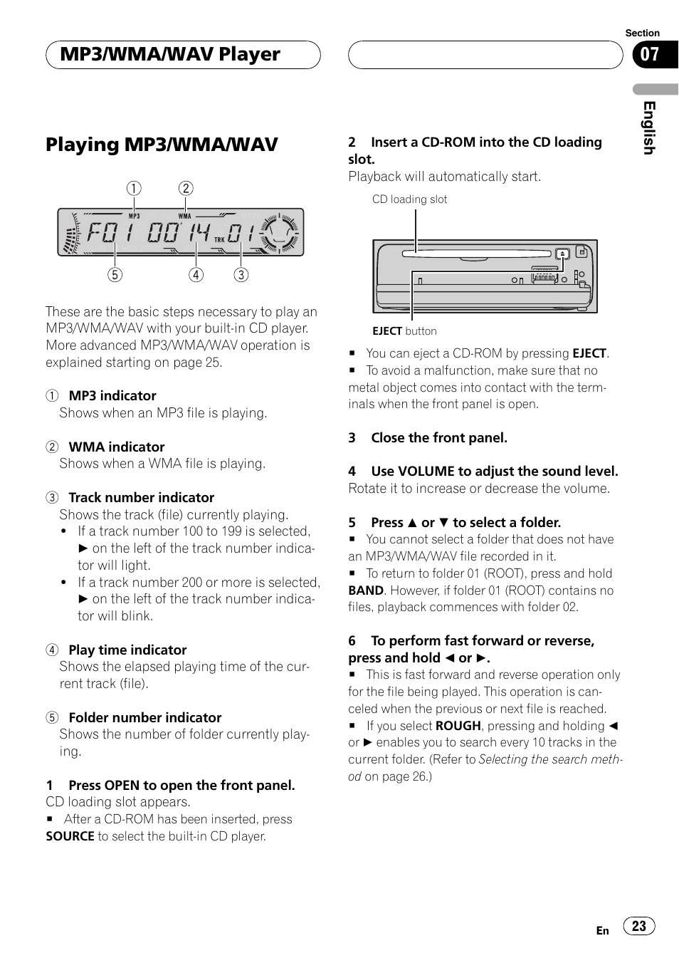 Mp3/wma/wav player, Playing mp3/wma/wav 23, Playing mp3/wma/wav | Pioneer DEH-P5800MP User Manual | Page 23 / 110