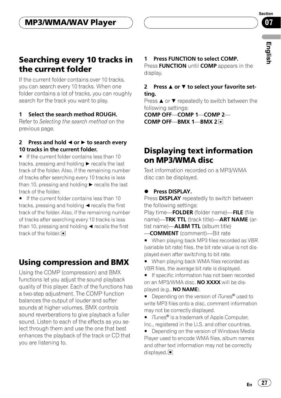 Searching every 10 tracks in the current, Folder 27, Using compression and bmx 27 | Displaying text information on mp3/wma, Disc 27, Searching every 10 tracks in the current folder, Using compression and bmx, Displaying text information on mp3/wma disc, Mp3/wma/wav player | Pioneer DEH-P5800MP User Manual | Page 27 / 110