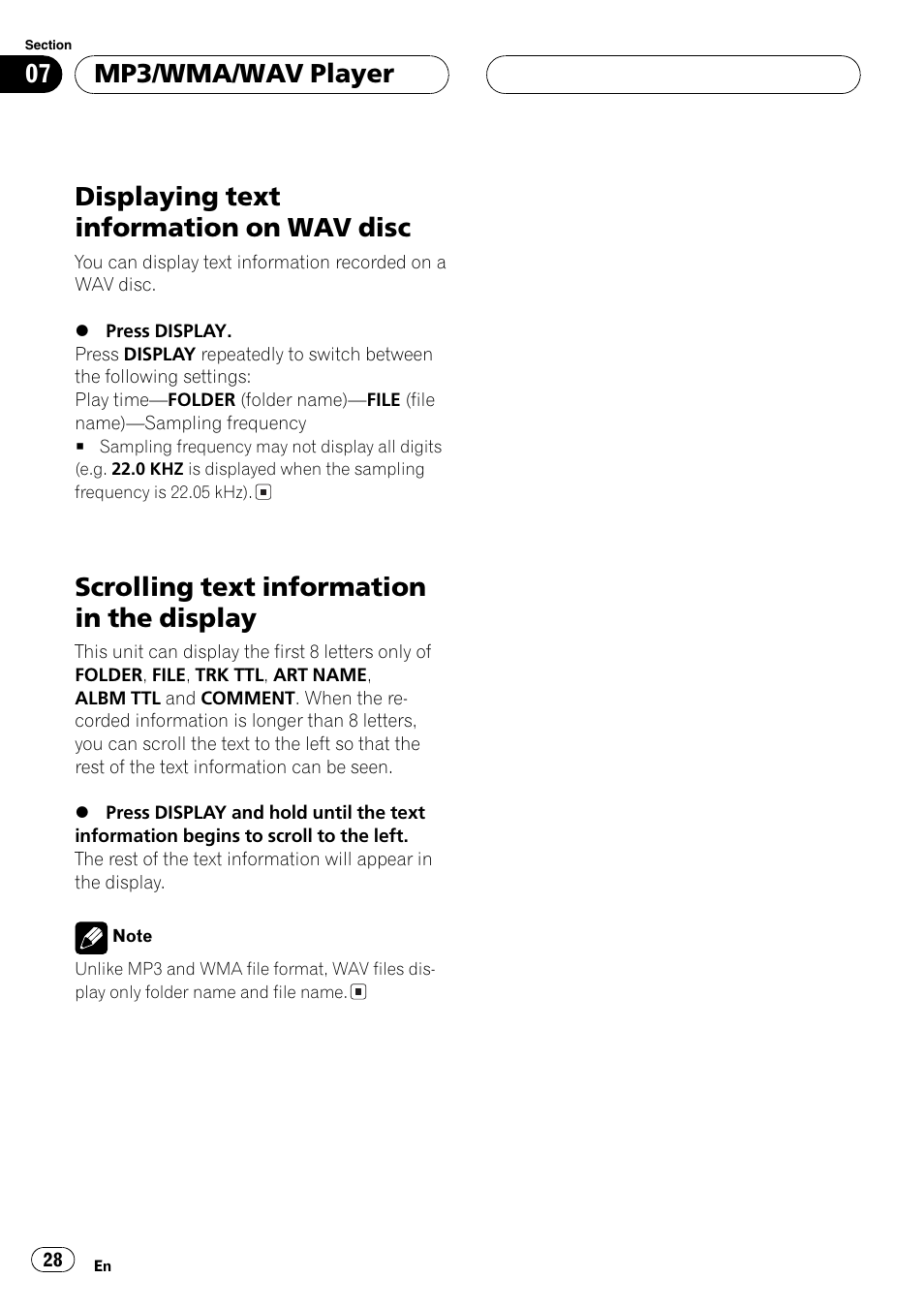 Displaying text information on wav disc 28, Scrolling text information in the display 28, Displaying text information on wav disc | Scrolling text information in the display, Mp3/wma/wav player | Pioneer DEH-P5800MP User Manual | Page 28 / 110