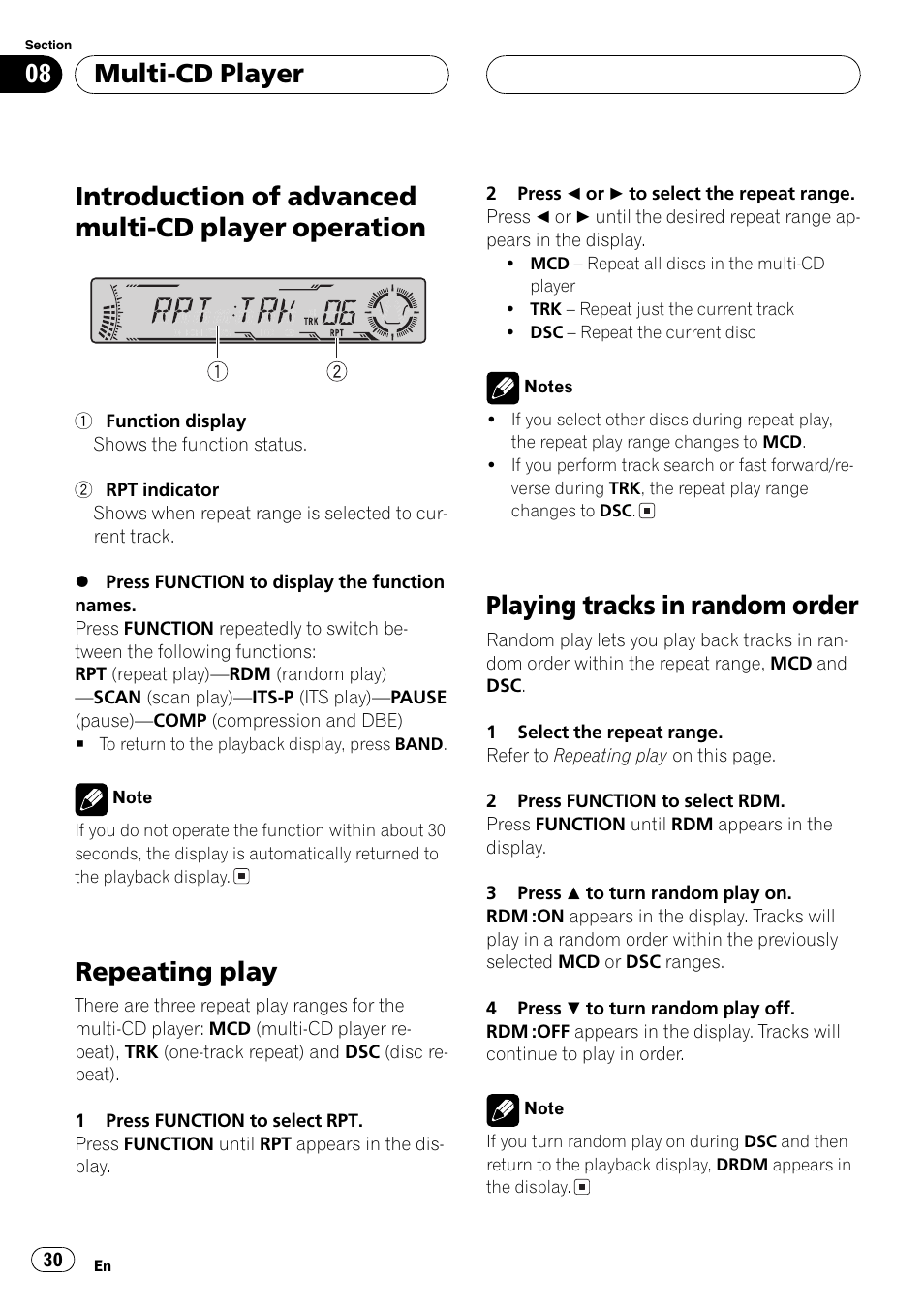 Introduction of advanced multi-cd player, Operation 30, Repeating play 30 | Playing tracks in random order 30, Introduction of advanced multi-cd player operation, Repeating play, Playing tracks in random order, Multi-cd player | Pioneer DEH-P5800MP User Manual | Page 30 / 110