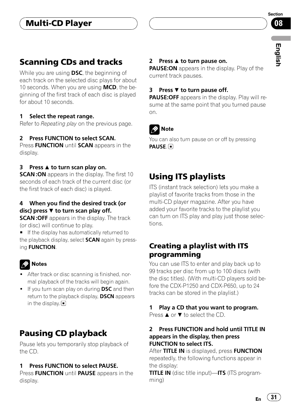 Scanning cds and tracks 31, Pausing cd playback 31, Using its playlists 31 | Creating a playlist with its, Programming 31, Scanning cds and tracks, Pausing cd playback, Using its playlists, Multi-cd player, Creating a playlist with its programming | Pioneer DEH-P5800MP User Manual | Page 31 / 110