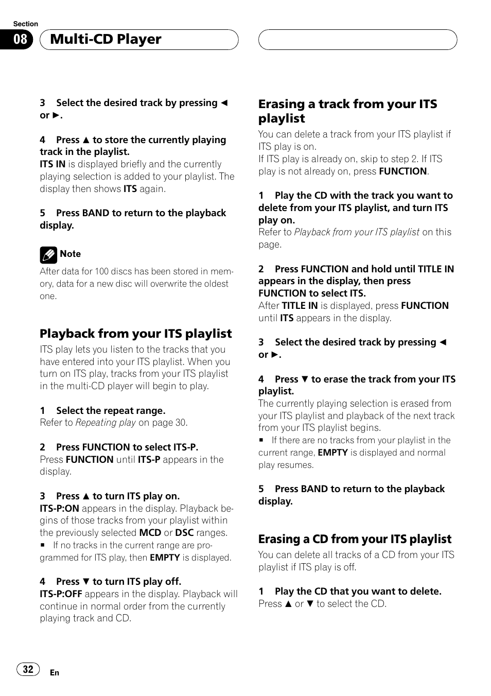 Playback from your its playlist 32, Erasing a track from your its, Playlist 32 | Erasing a cd from your its, Multi-cd player, Playback from your its playlist, Erasing a track from your its playlist, Erasing a cd from your its playlist | Pioneer DEH-P5800MP User Manual | Page 32 / 110