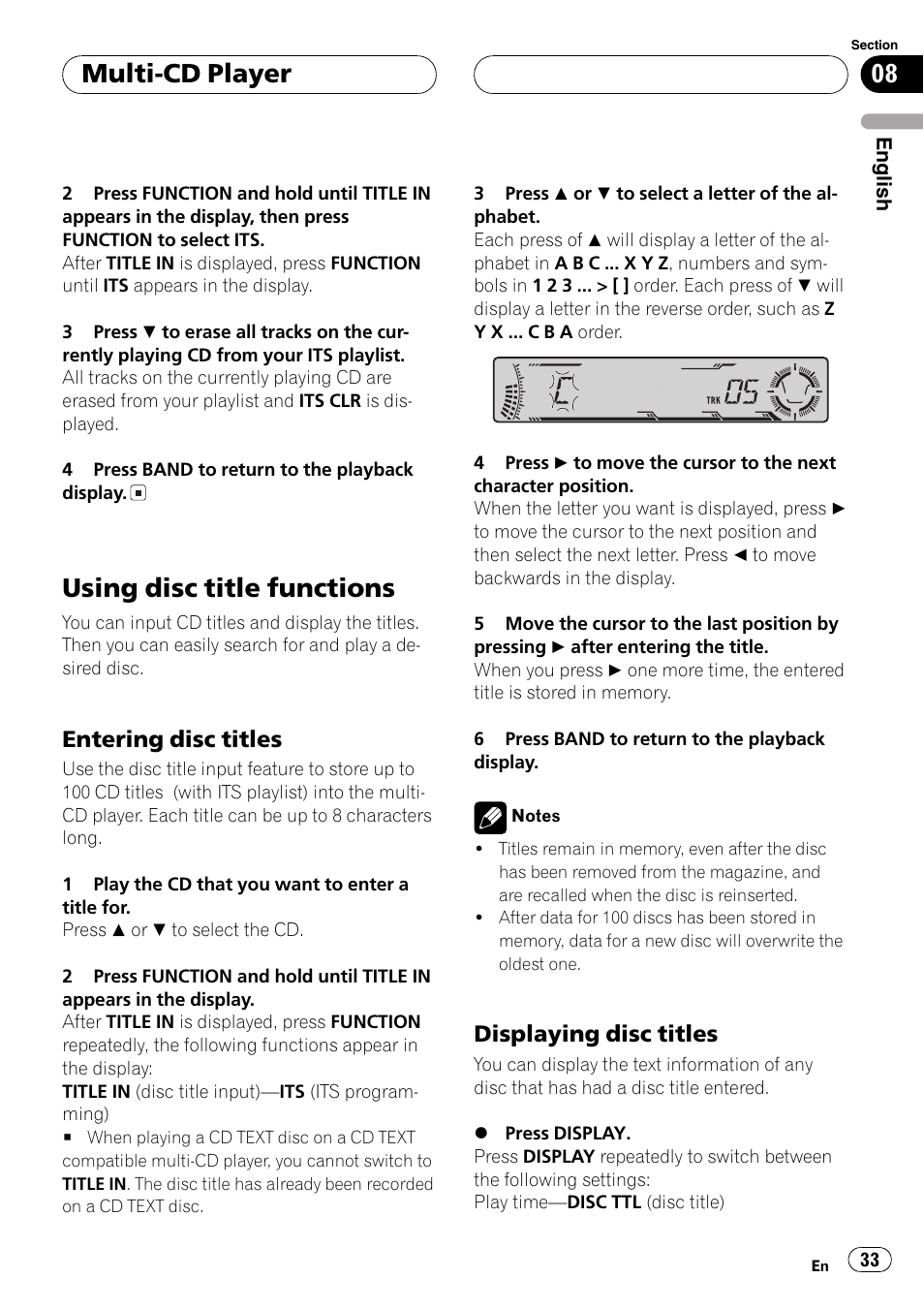 Using disc title functions 33, Entering disc titles 33, Displaying disc titles 33 | Using disc title functions, Multi-cd player, Entering disc titles, Displaying disc titles | Pioneer DEH-P5800MP User Manual | Page 33 / 110