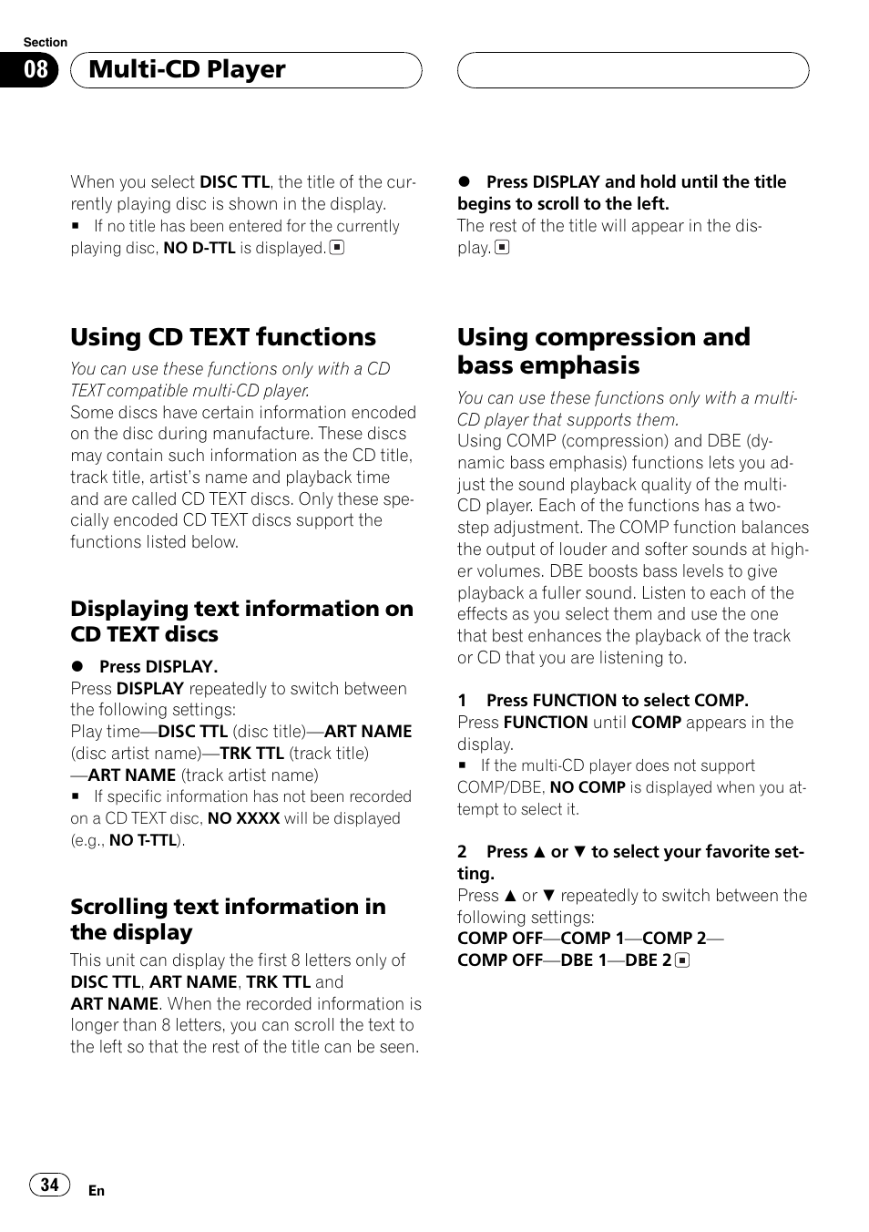 Using cd text functions 34, Displaying text information on cd, Text discs 34 | Scrolling text information in the, Display 34, Using compression and bass emphasis 34, Using cd text functions, Using compression and bass emphasis, Multi-cd player | Pioneer DEH-P5800MP User Manual | Page 34 / 110