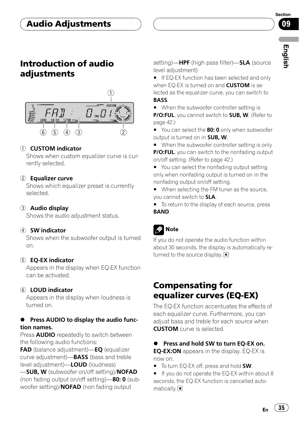 Audio adjustments, Introduction of audio adjustments 35, Compensating for equalizer curves (eq | Ex) 35, Compensating for equalizer, Introduction of audio adjustments, Compensating for equalizer curves (eq-ex) | Pioneer DEH-P5800MP User Manual | Page 35 / 110