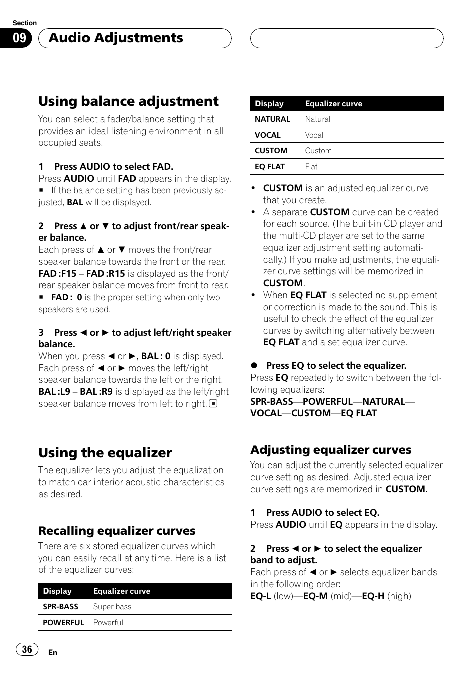 Using balance adjustment 36, Using the equalizer 36, Recalling equalizer curves 36 | Adjusting equalizer curves 36, Using balance adjustment, Using the equalizer, Audio adjustments, Recalling equalizer curves, Adjusting equalizer curves | Pioneer DEH-P5800MP User Manual | Page 36 / 110