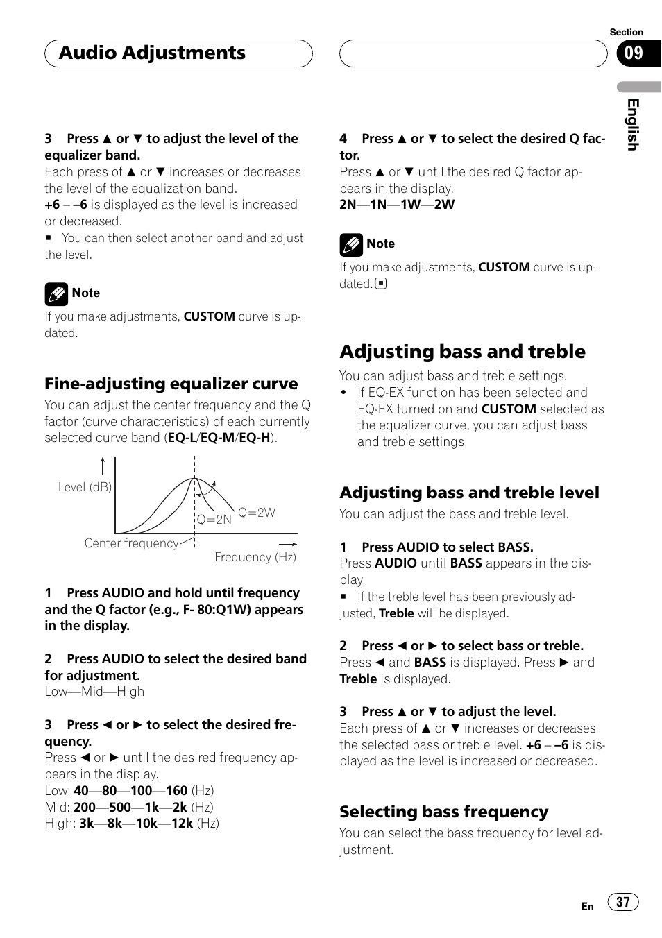Fine-adjusting equalizer curve 37, Adjusting bass and treble 37, Adjusting bass and treble level 37 | Selecting bass frequency 37, Adjusting bass and treble, Audio adjustments, Fine-adjusting equalizer curve, Adjusting bass and treble level, Selecting bass frequency | Pioneer DEH-P5800MP User Manual | Page 37 / 110