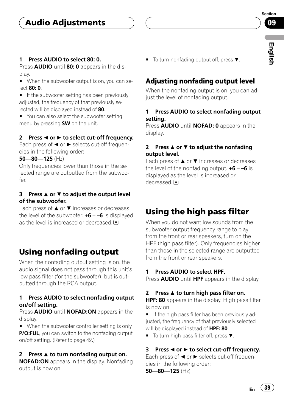 Using nonfading output 39, Adjusting nonfading output level 39, Using the high pass filter 39 | Using nonfading output, Using the high pass filter, Audio adjustments, Adjusting nonfading output level | Pioneer DEH-P5800MP User Manual | Page 39 / 110