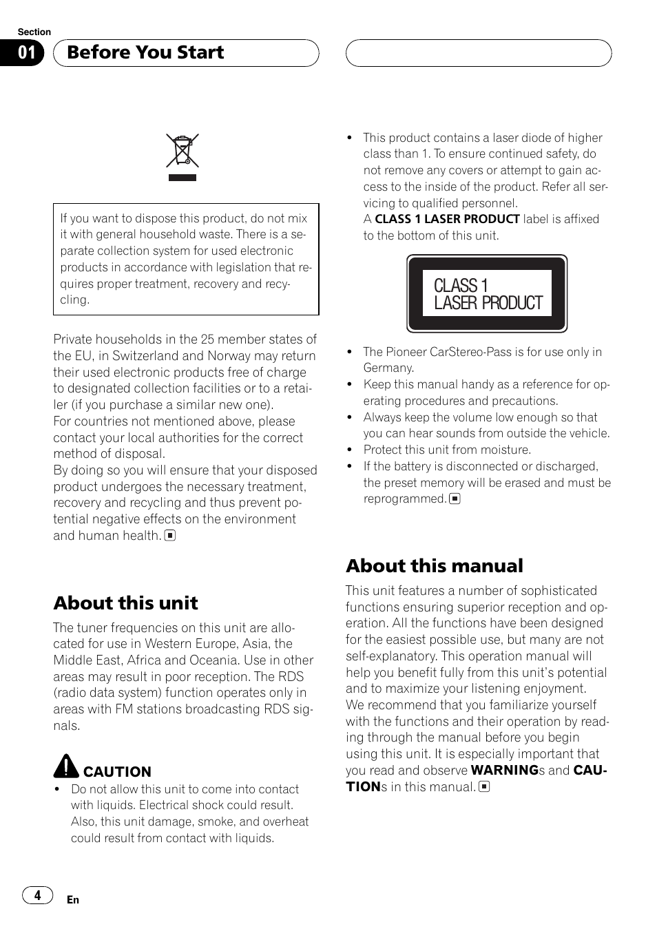 Before you start about this unit 4, About this manual 4, About this unit | About this manual, Before you start, Class 1 laser product | Pioneer DEH-P5800MP User Manual | Page 4 / 110