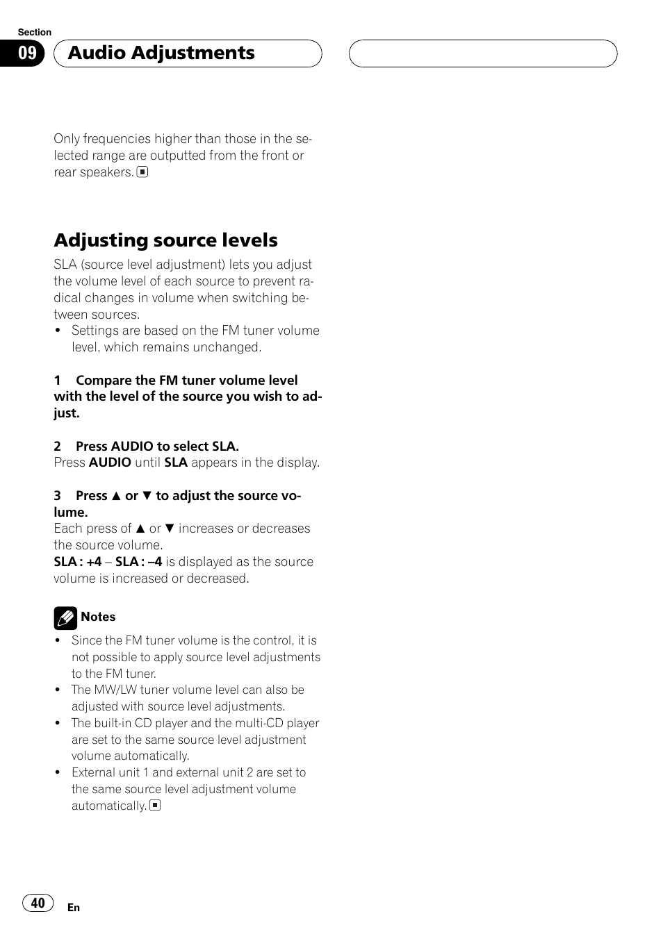 Adjusting source levels 40, Adjusting source levels, Audio adjustments | Pioneer DEH-P5800MP User Manual | Page 40 / 110