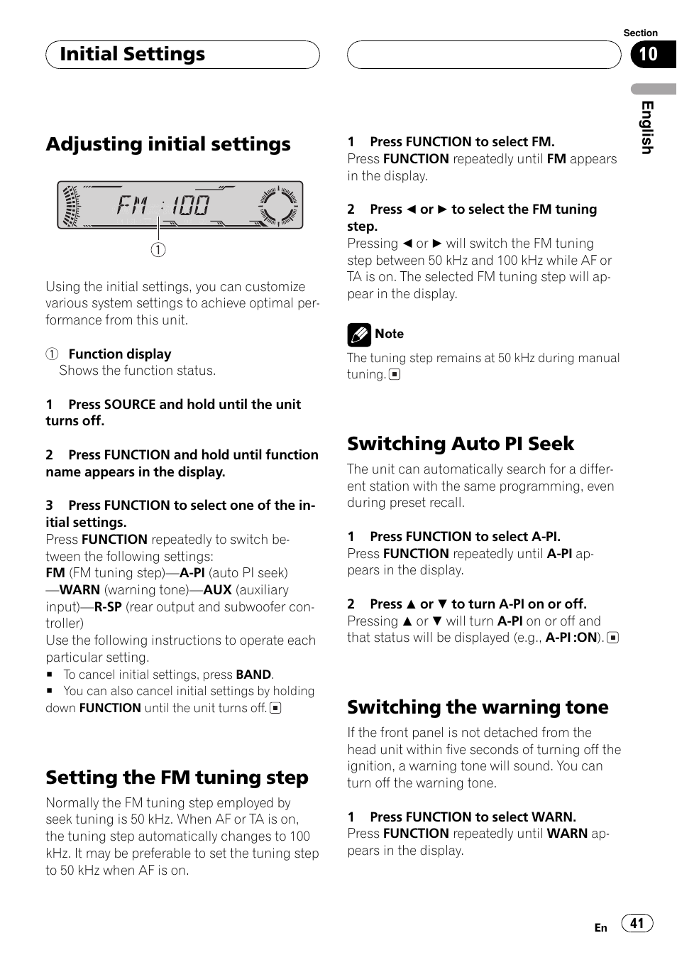 Initial settings, Adjusting initial settings 41, Setting the fm tuning step 41 | Switching auto pi seek 41, Switching the warning tone 41, Adjusting initial settings, Setting the fm tuning step, Switching auto pi seek, Switching the warning tone | Pioneer DEH-P5800MP User Manual | Page 41 / 110
