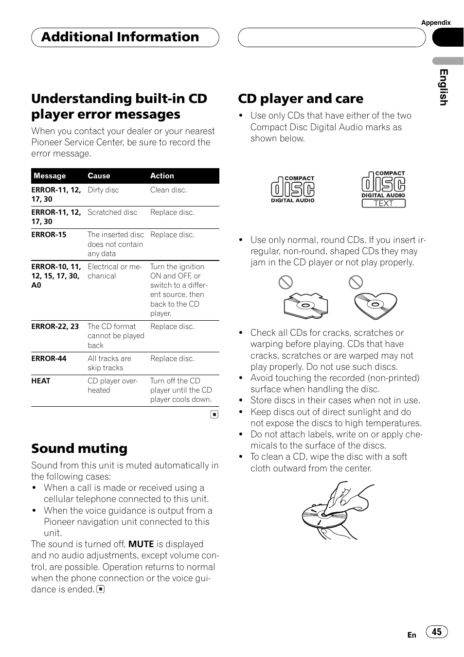 Additional information, Understanding built-in cd player error, Messages 45 | Sound muting 45, Cd player and care 45, Understanding built-in cd player error messages, Sound muting, Cd player and care, English | Pioneer DEH-P5800MP User Manual | Page 45 / 110